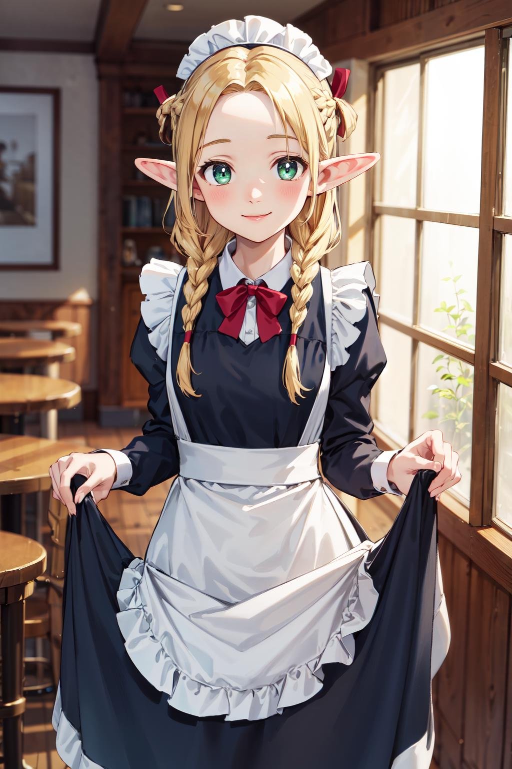 masterpiece,best quality,highres,ultra-detailed,marcille donato,elf,pointy ears,long hair,twin braids,hair ribbon,<lora:marcille_donato:0.7>,indoors,cafe,maid,maid headdress,apron,(skirt hold:1.2),standing,cowboy shot,smile,