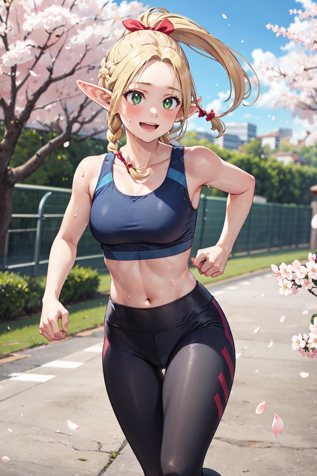 masterpiece,best quality,highres,ultra-detailed,marcille donato,elf,pointy ears,long hair,twin braids,hair ribbon,<lora:marcille_donato:0.7>,sports bra,(leggings:1.2),outdoors,cherry blossoms,smile,sweat,running,ponytail,