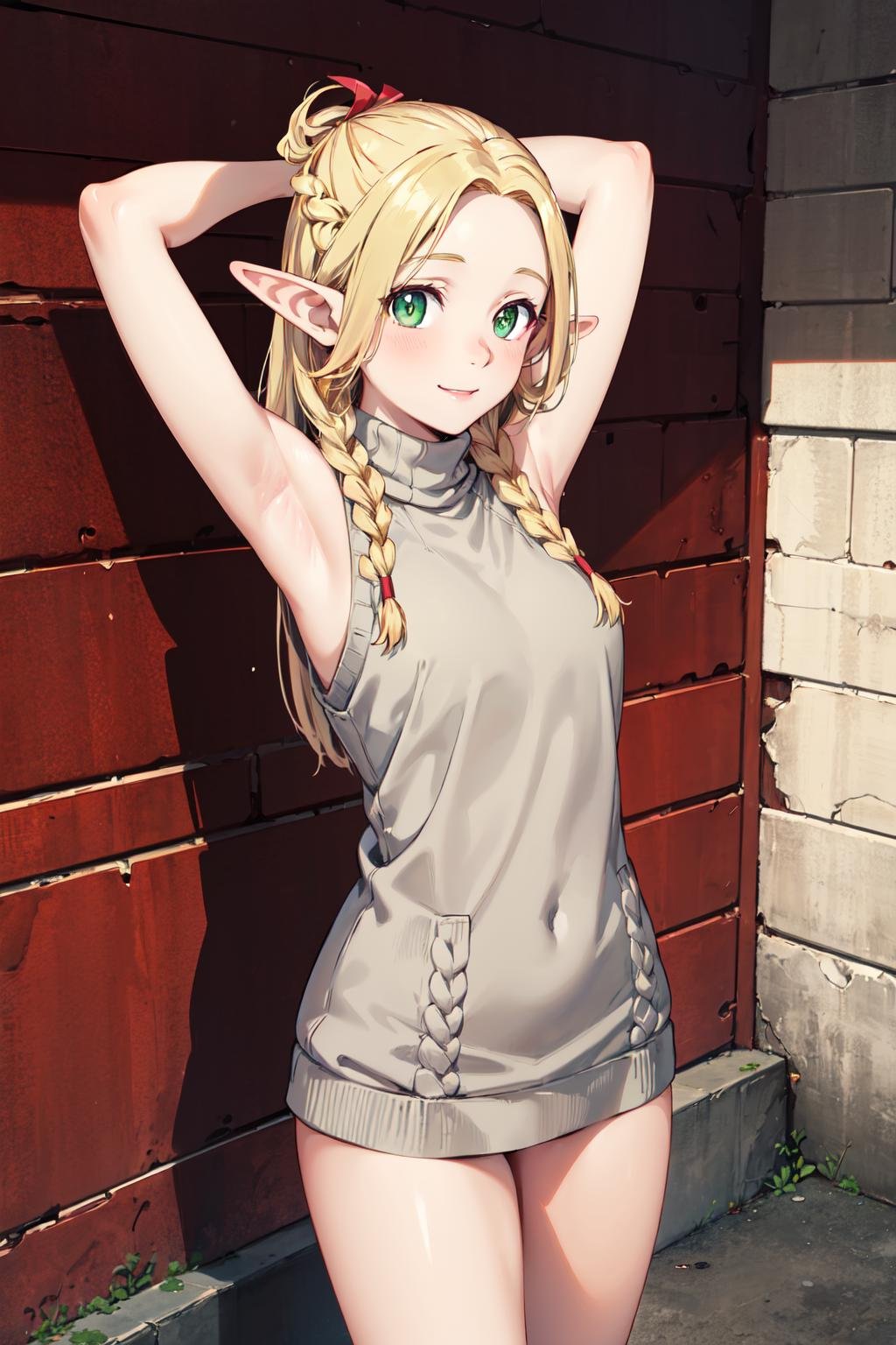 masterpiece,best quality,highres,ultra-detailed,marcille donato,elf,pointy ears,long hair,twin braids,hair ribbon,<lora:marcille_donato:0.7>,(sweater:1.2),(turtleneck:1.2),street,smile,standing,(sleeveless:1.4),arm_behind_head,arms_up,cowboy shot,no pants, 