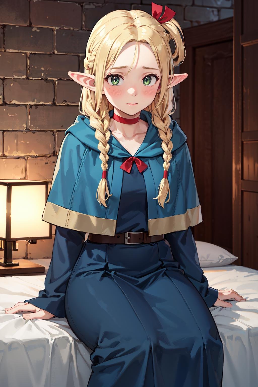 masterpiece,best quality,highres,ultra-detailed,marcille donato,elf,pointy ears,long hair,twin braids,hair ribbon,red choker,blue capelet,robe,long dress,blue dress,long sleeves,red ribbon,belt,wide sleeves,skirt,pants,pants under skirt,<lora:marcille_donato:0.7>,indoors,sitting,bed,blush,(embarrass:1.2),night,