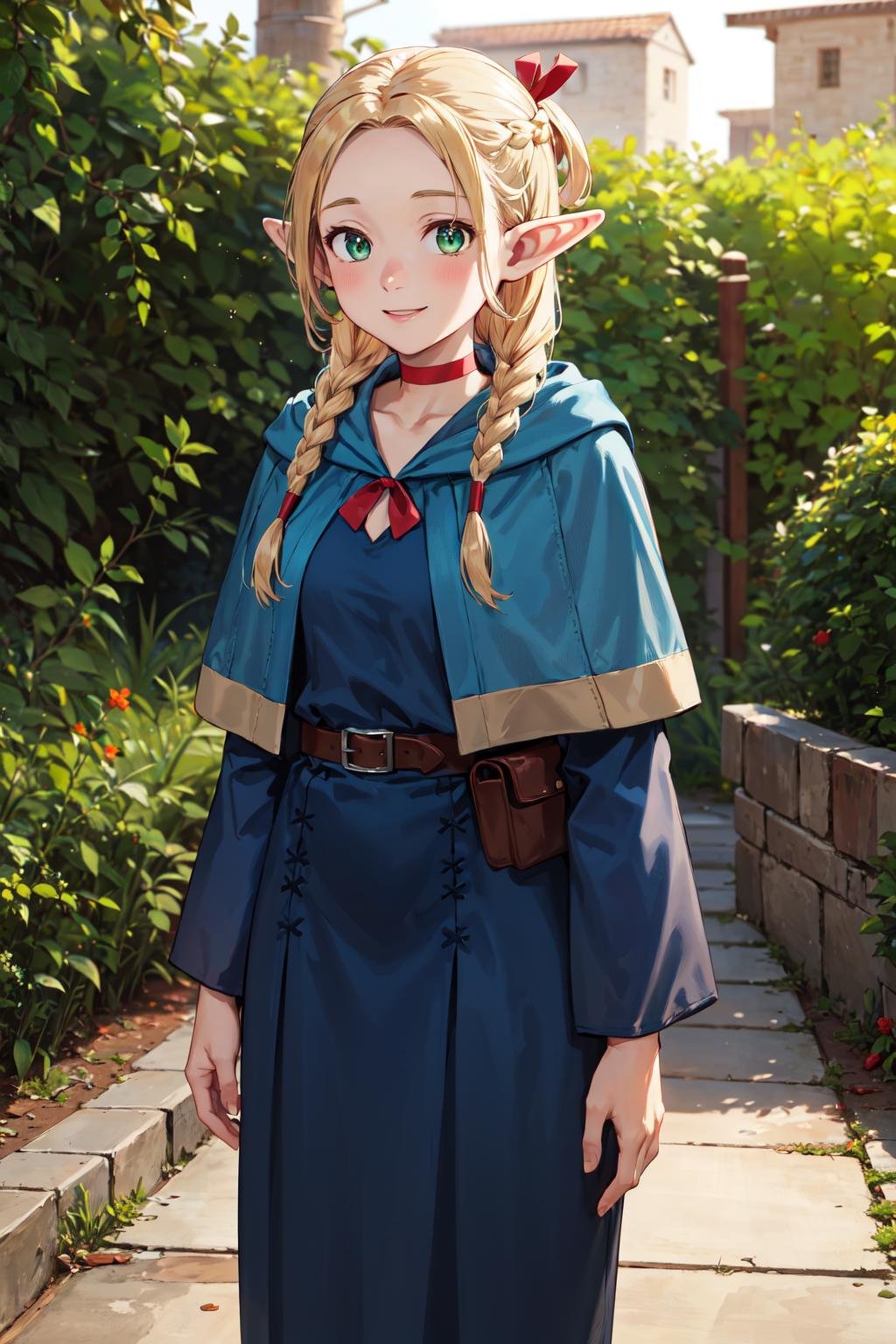 masterpiece,best quality,highres,ultra-detailed,marcille donato,elf,pointy ears,long hair,twin braids,hair ribbon,red choker,blue capelet,robe,long dress,blue dress,long sleeves,red ribbon,belt,wide sleeves,skirt,pants,pants under skirt,<lora:marcille_donato:0.7>,outdoors,cowboy shot,smile,standing,