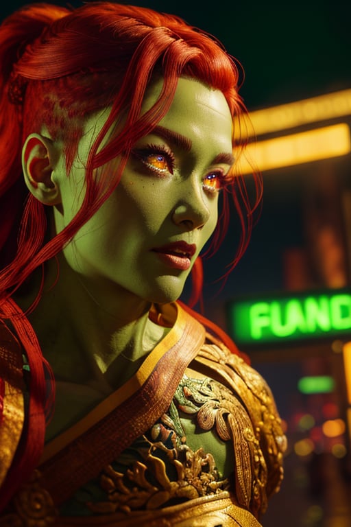 Bula Thazogh, a beautiful woman, 28 years old, green skin, red hair, yellow eyes. She wears an ornate Chinese dress. action scene, in the background a night city with neon lights, interactive elements, very detailed, ((Detailed face)), ((Detailed Half body)), Color Booster, bula,Detailedface