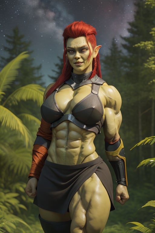 Büla Thazogh is an orc woman with green skin, she has red hair, amber eyes, a beautiful face. She is 28 years old. She has a muscular body, marked muscles, strong arms, big breasts, ripped abs, wide hips, wide thighs. she wears cybernetic armor ((torso)), black skirt. in the background a forest with the starry sky. interactive image, highly detailed. bula, sciamano240,Color Booster