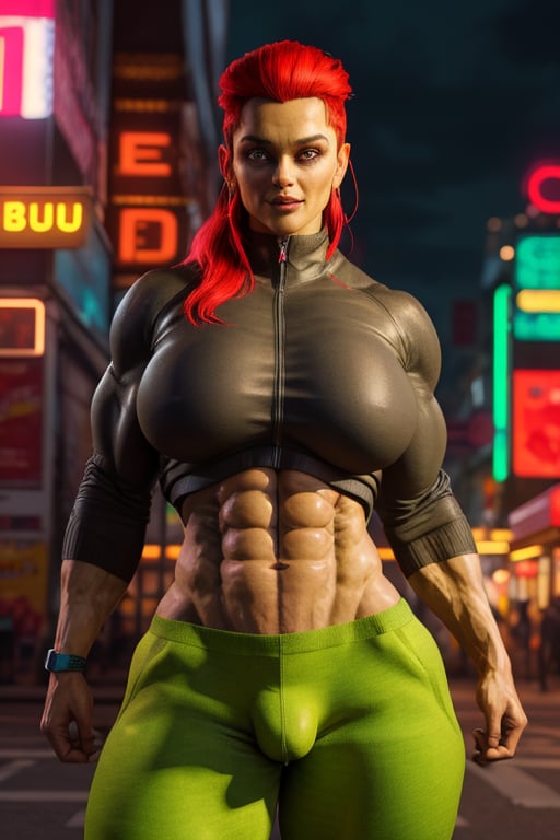 Bula Thazogh, a beautiful woman, 28 years old, green skin, red hair, yellow eyes, sandy warmy skin, muscular body, big breasts, ripped abs, wide hips, big ass, round ass, wide thighs. wearing the silver jacket, black sweater, hotpants. action scene, in the background a night city with neon lights, interactive elements, very detailed, ((Detailed face)), ((Detailed Half body)), Color Booster, bula