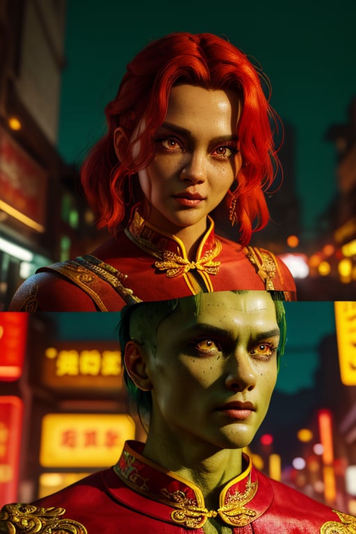 Bula Thazogh, a beautiful woman, 28 years old, green skin, red hair, yellow eyes. She wears an ornate Chinese dress. action scene, in the background a night city with neon lights, interactive elements, very detailed, ((Detailed face)), ((Detailed Half body)), Color Booster, bula,Detailedface