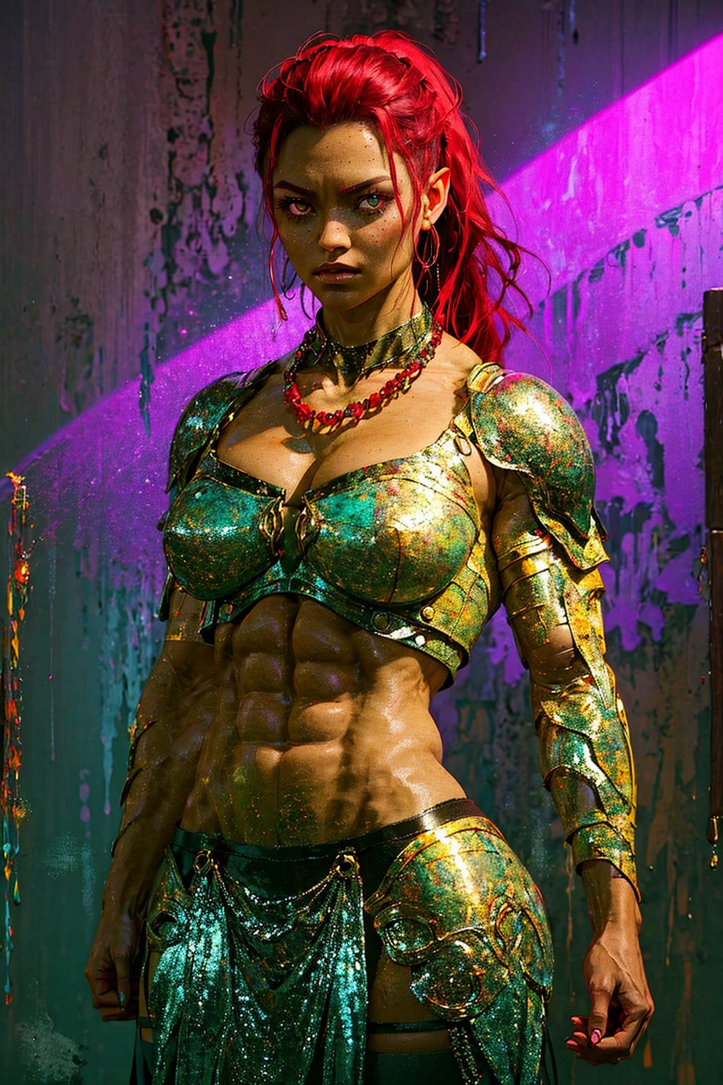 1girl, solo, Büla Thazogh, oil painting, impasto, looking at viewer, a beautiful orc woman with green skin, 28 years old, she has red hair, amber eyes, a beautiful face. She has a muscular body, marked muscles, strong arms, big breasts, ripped abs, wide hips, wide thighs. tribal necklace, psychedelic  cybernetic armor ((torso)), black skirt, ((full_color psychedelic  background)), masterpiece, nijistyle, niji, sciamano240, soft shading, 1girl, bula