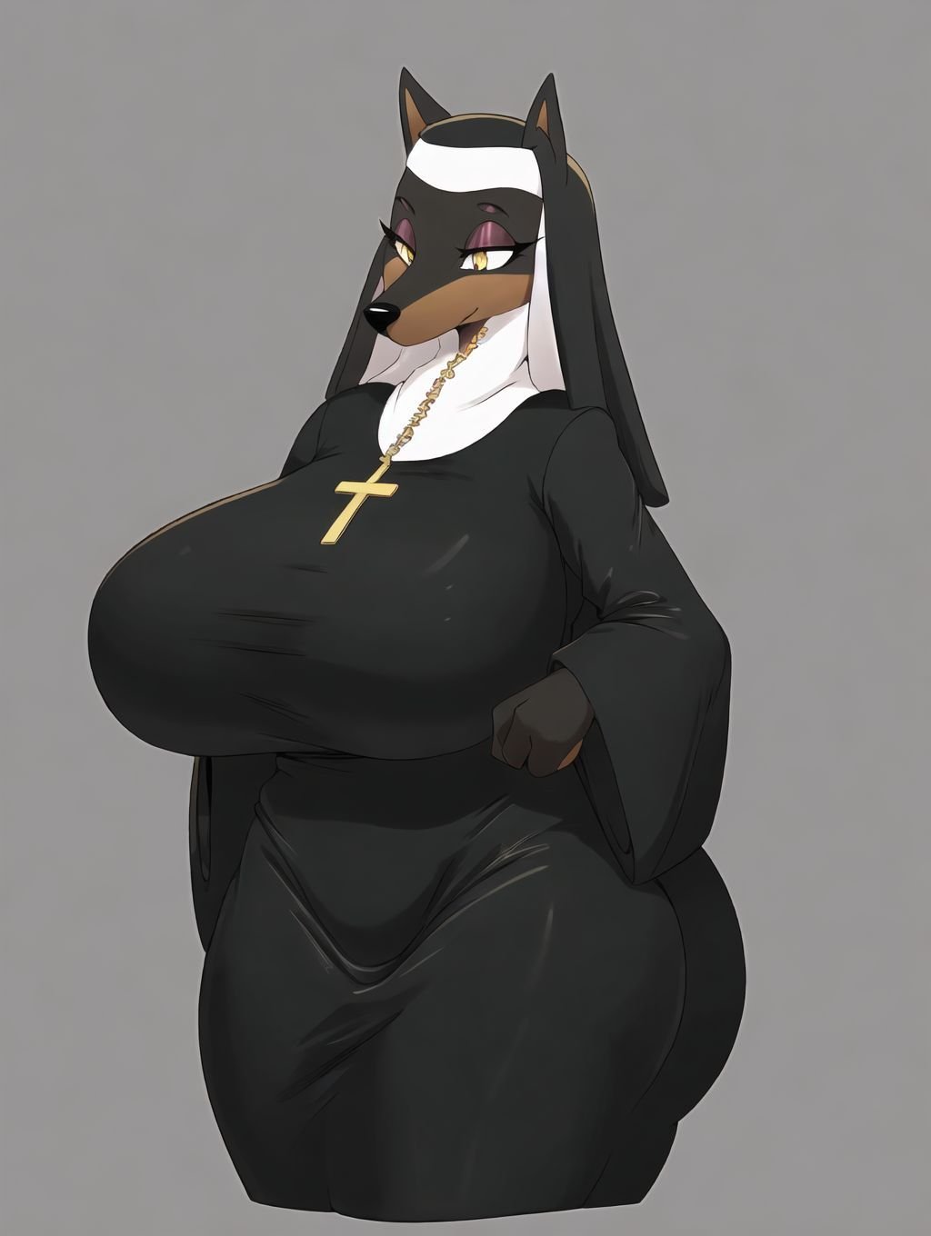 best quality, highest quality, masterpiece, high resolution,  clean picture, smooth picture, high details, symmetrical, simple background,furry, furry female, yellow eyes, makeup, eyeshadow, snout, animal nose, dog ears, animal ears, wolf ears,(nun, black clothing, black robe, black habit), tunic, black veil, white coif, black wimple,huge breasts, cross, necklace, (upper body), from front, thighs,<lora:Laverne-V02:1>