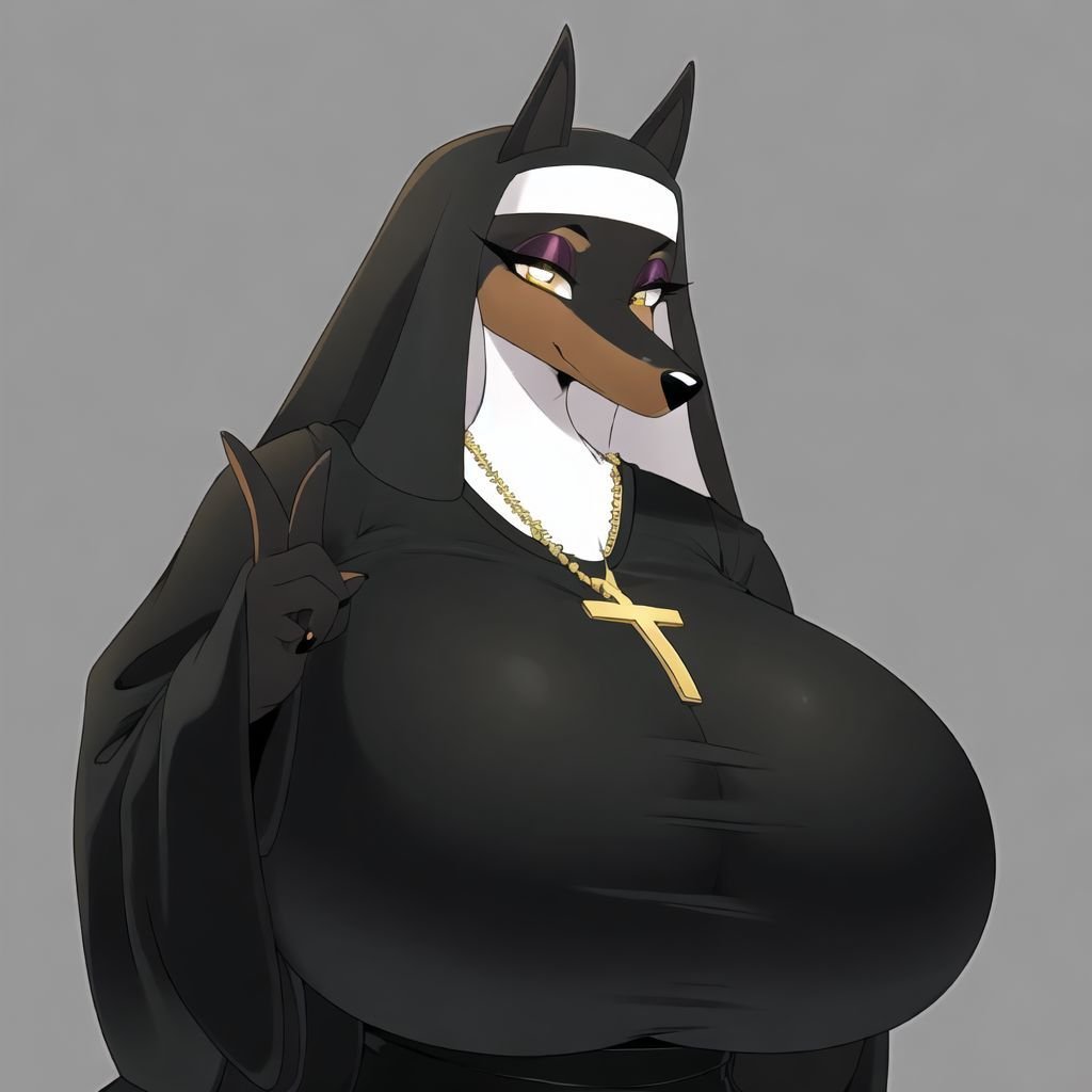 best quality, highest quality, masterpiece, high resolution,  clean picture, smooth picture, high details, symmetrical, simple background,furry, furry female, yellow eyes, makeup, eyeshadow, snout, animal nose, dog ears, nun, (black robe, black habit, black clothing), cross, necklace,huge breasts,<lora:Laverne-V02:1>