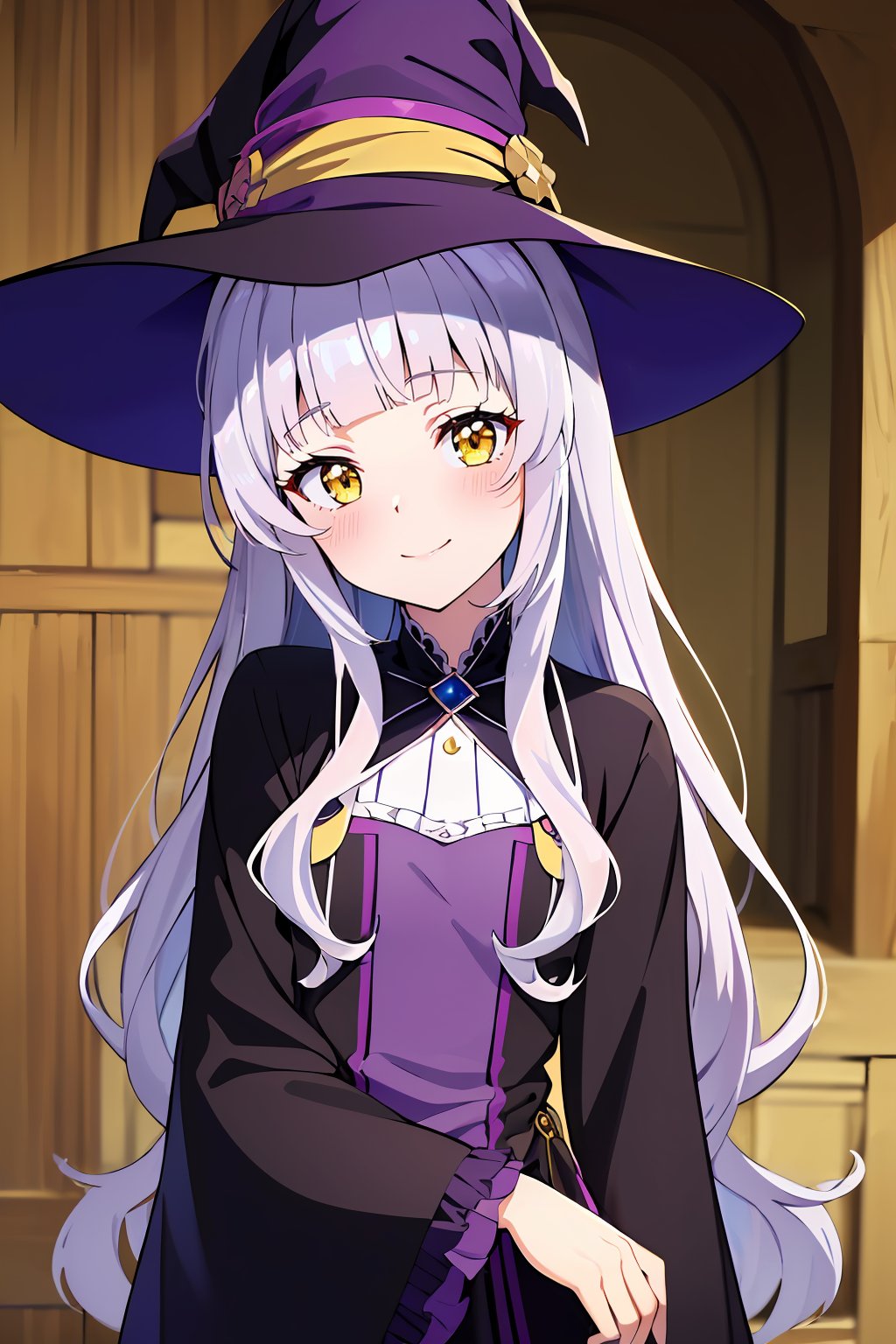 ((masterpiece, best quality, absurdres, highres, ultra detailed, high resolution, very fine 8KCG wallpapers)), 1 girl, solo, smile, small breasts, blush, murasaki shion, hololive, silver hair, long hair, wavy hair, blunt bangs, yellow eyes, witch dress, witch hat, head tilt, inside a medieval european town,