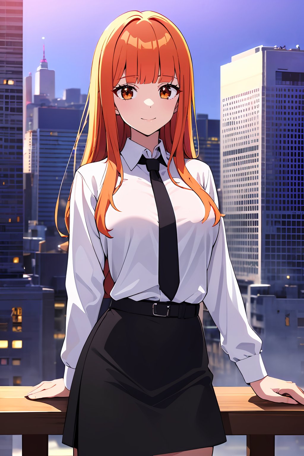 ((masterpiece, best quality, absurdres, highres, ultra detailed, high resolution, very fine 8KCG wallpapers)), 1 girl, solo, light smile, large breasts, orange hair, long hair, blunt bangs, brown eyes, white shirt, collared shirt, necktie, long sleeves, black skirt, new york city at night,