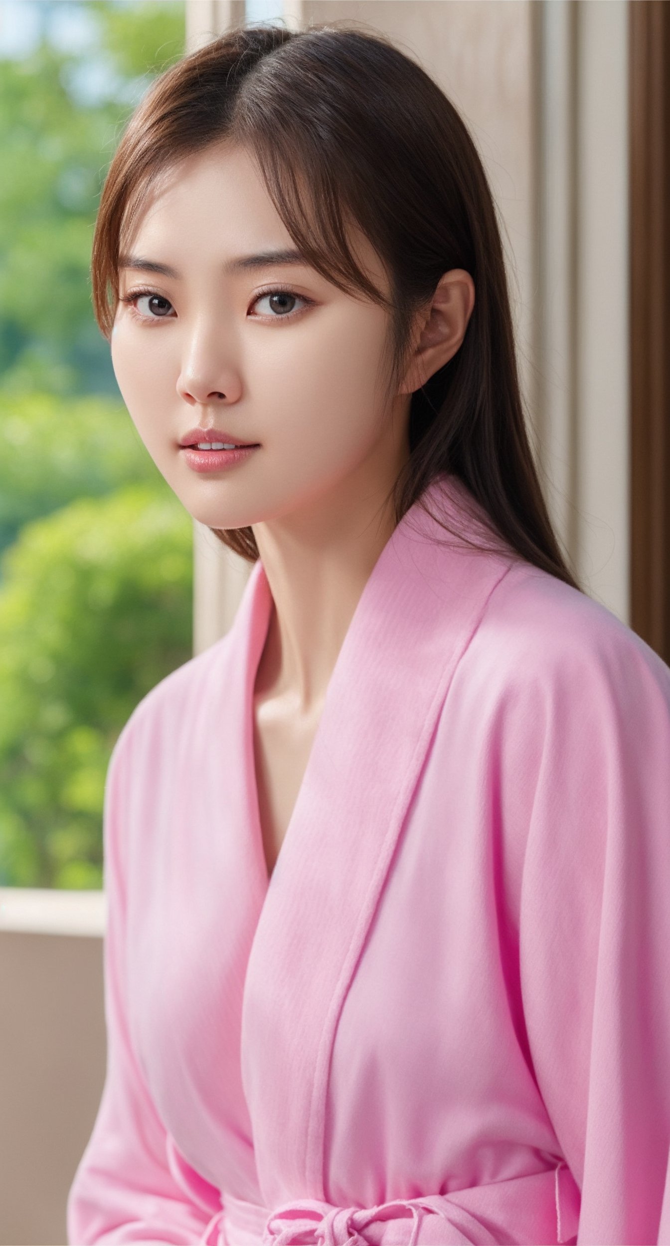 1girl, beautiful korean woman, dark brown eyes, detailed eyes, detailed iris, detailed face, brown hair color, beautiful hair, (looking at viewer), wearing pink bathrobe, detailed fingernails, (photorealistic), hyperealistic shadows, | simple background, bokeh, depth of field, | 3DMM,Masterpiece