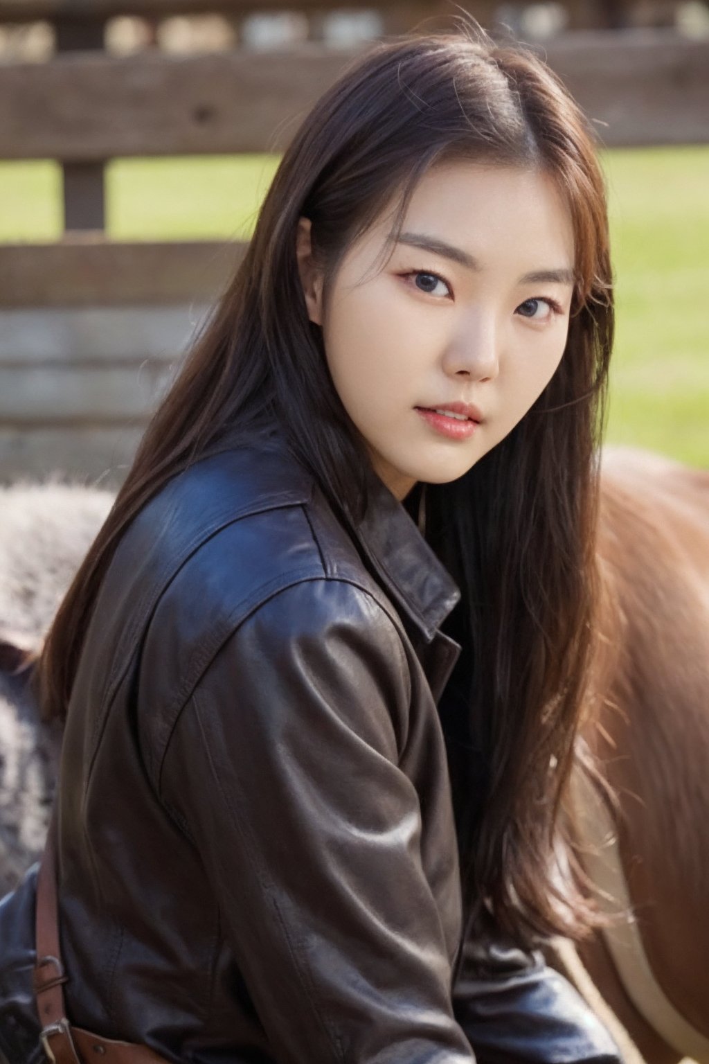 ((Generate hyper realistic image of captivating scene featuring a stunning 22 years old  korean girl)), with long brown hair, semi side view, donning american cowboy ensemble, on a horse ranch, piercing, brown eyes, photography style , Extremely Realistic,  ,photo r3al,photo of perfecteyes eyes,realistic,leather,Masterpiece