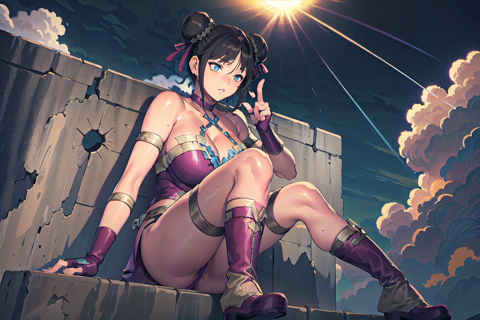 {best quality}, {{masterpiece}},beautiful fingers,illustration,portrait,solo,masterpiece,best quality,black_hair,thigh strap,armlet,boots,double bun,fingerless gloves,large_breast,cleavage,incredibly absurdres,absurdres,high detail eyes,sfw,clouds,sunshine,blue sky,outdoors,low-angle_shot,full_body,sitting