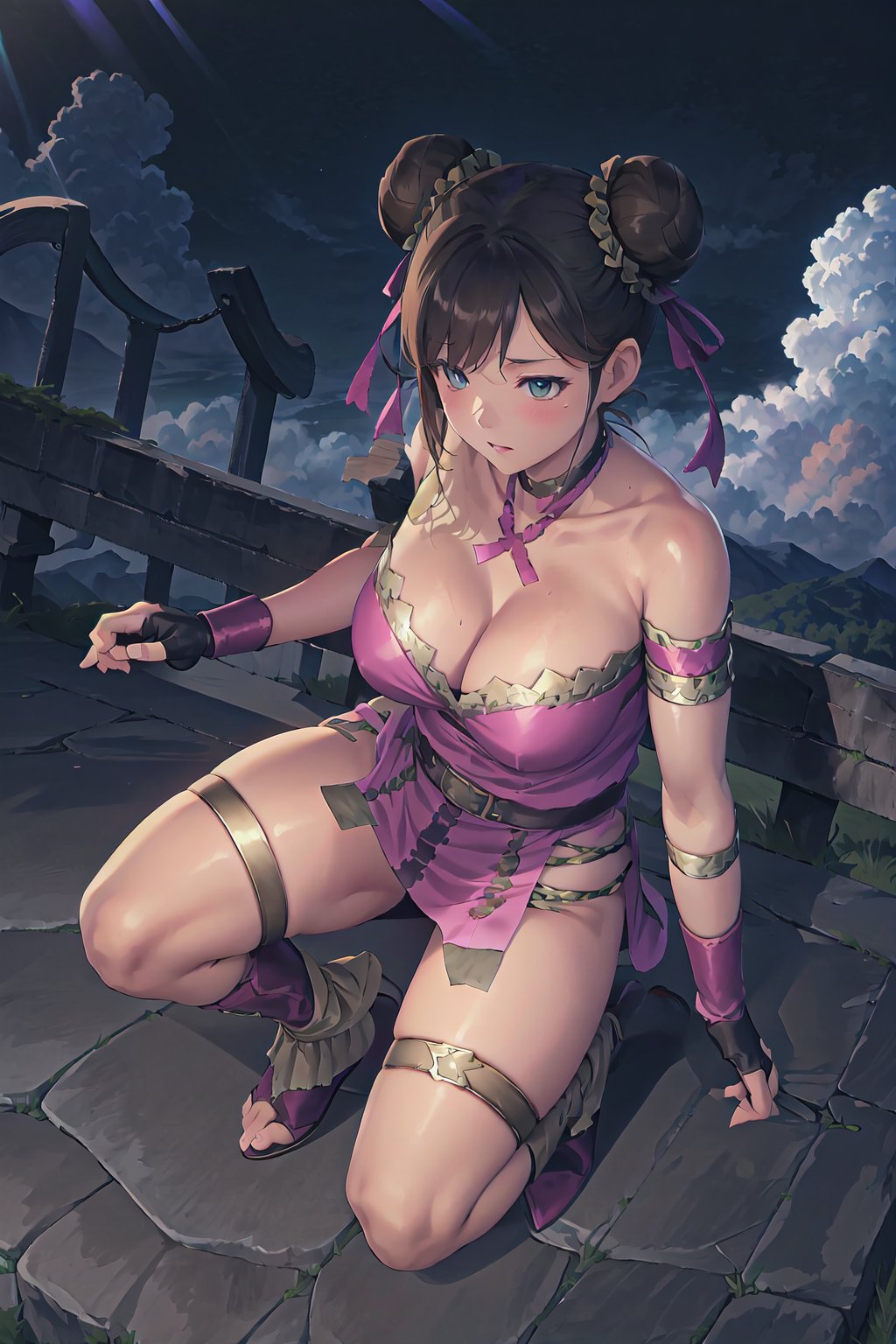 {best quality}, {{masterpiece}},beautiful fingers,illustration,portrait,solo,masterpiece,best quality,black_hair,thigh strap,armlet,boots,double bun,fingerless gloves,large_breast,cleavage,incredibly absurdres,absurdres,high detail eyes,sfw,clouds,sunshine,blue sky,outdoors,low-angle_shot,full_body