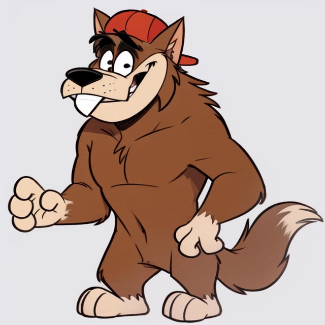 male, werewolf, solo, brown fur, pale snout, pale paws, tail, four fingers, three toes, backwards cap, red hat, baseball cap, front tooth, fangface, standing, cartoon, (pale tail tip), fang