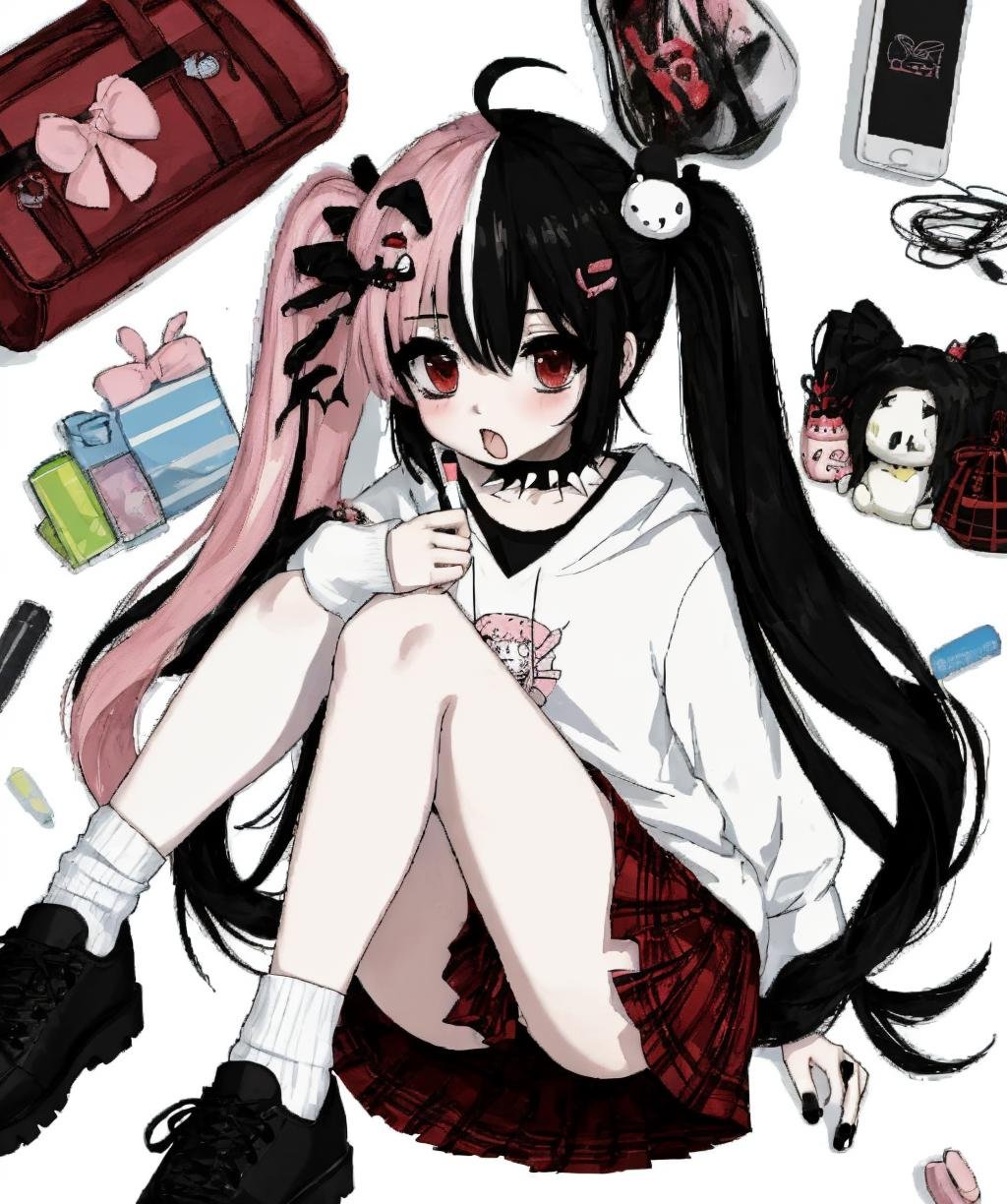 sketch, split_hair, 1girl, solo, long hair, looking at viewer, skirt, shirt, black hair, two-tone hair, pink hair,  hair ornament, red eyes, thighhighs, long sleeves, twintails, sitting, very long hair, pink hair, ahoge, shoes, choker, socks, striped, black footwear, collar, torn clothes, plaid, red skirt, plaid skirt, stuffed toy, black nails, spikes, platform footwear, spiked collar, loose socks, split-color hair, leg warmers, gothic, <lora:sketch_style-10:1>,  <lora:split_hair-02:0.8>