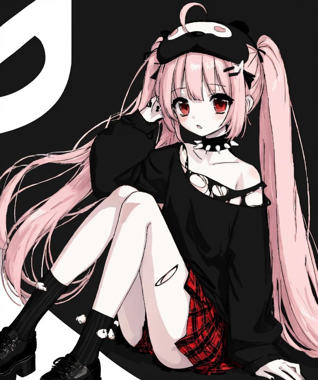 sketch, 1girl, solo, long hair, looking at viewer, skirt, shirt, black hair, hair ornament, red eyes, thighhighs, long sleeves, twintails, sitting, very long hair, pink hair, ahoge, shoes, choker, socks, striped, black footwear, collar, torn clothes, plaid, red skirt, plaid skirt, stuffed toy, black nails, spikes, platform footwear, spiked collar, loose socks, split-color hair, leg warmers, gothic, <lora:sketch_style-10:1>