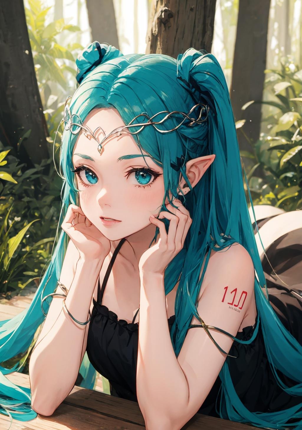 elf_crown, hatsune miku, 1girl, eyeliner, head rest, circlet, forest background, upper body, <lora:celtic_crown-01:1>