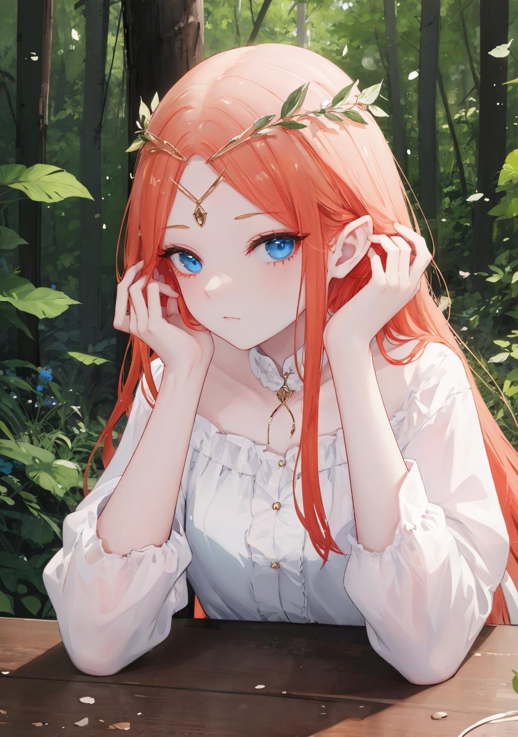elf_crown, 1girl, ginger hair, blue eyes, eyeliner, head rest, circlet, forest background, upper body, <lora:celtic_crown-01:0.8>