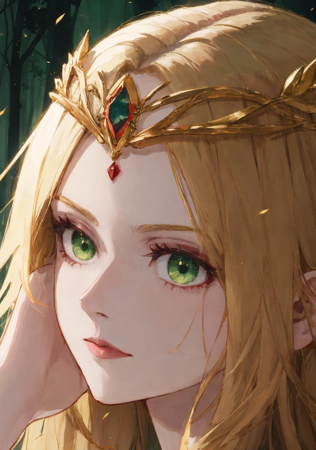 elf_crown, 1girl, blonde hair, green eyes, eyeliner, head rest, circlet, forest background, portrait, <lora:celtic_crown-01:0.8>
