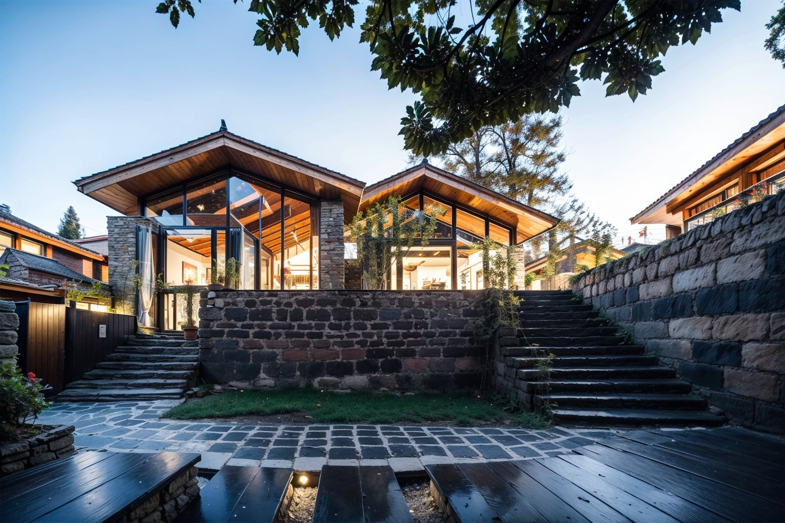 masterpiece,best quality,mssw,tree,sky,window,blue sky,daytime,house,plant,building,brick wall,stairs,door,wall,grass,