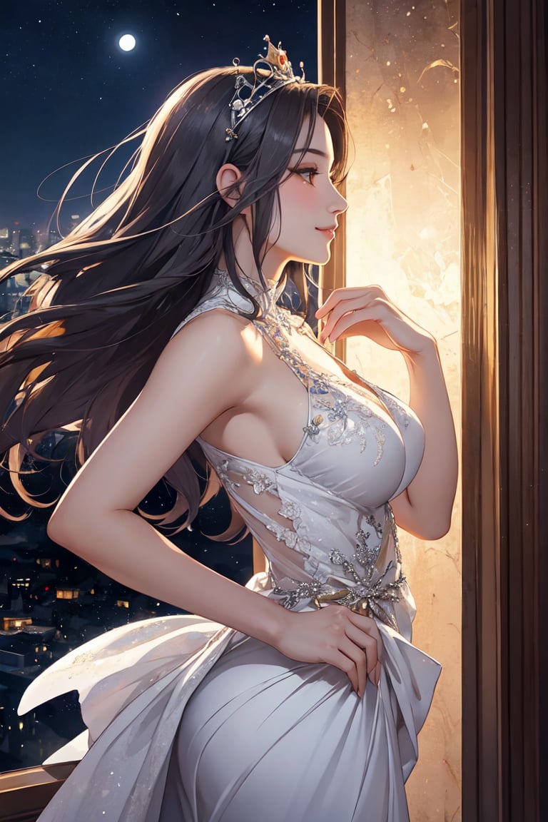 ((best quality)), ((extremely detailed)), (masterpiece, top quality, best quality, beautiful and aesthetic:1.2), (detailed background), award winning portrait photo of a fairy tale princess, fantastic, beautiful white dress, luxurious silver tiara, elegant dance, smile gently, beautiful profile, abstract background, night, Beautifully shining moon, moonlight, sky, beautiful planet, moon looks big, three point method, 1 girl, 20yo,Young female,Beautiful Finger,Beautiful long legs,Beautiful body,Beautiful Nose,Beautiful character design, perfect eyes, perfect face,expressive eyes,perfect balance,(Focus on her face), (innocent_big_eyes:1.0), official art,extremely detailed CG unity 8k wallpaper, perfect lighting,Colorful, Bright_Front_face_Lighting,shiny skin, mature female, sagging breasts,