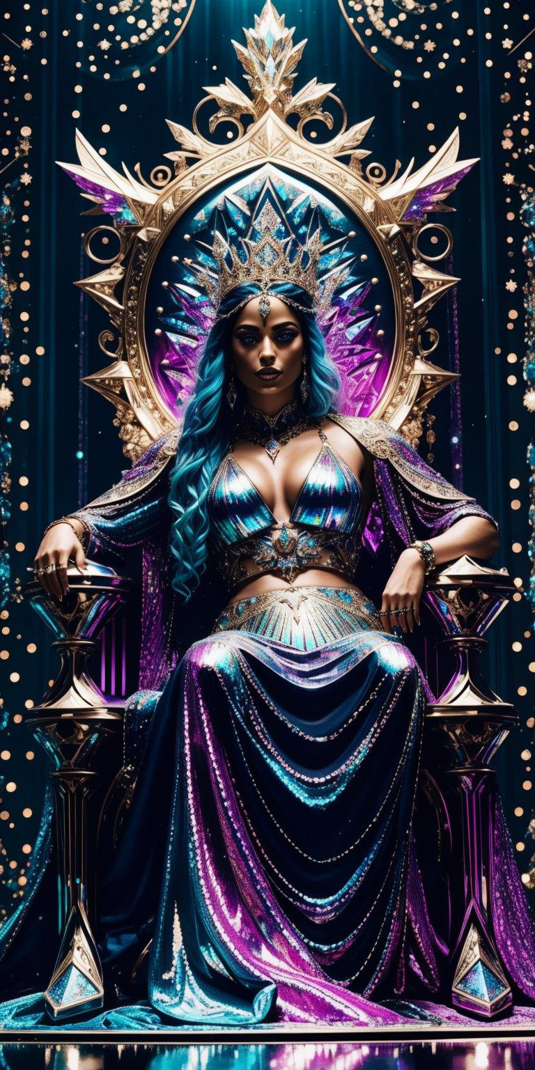  A lone ruler sits upon a holographic throne, adorned with glittering jewels and holographic flames, contemplating the fate of their neon kingdom. (cinematic, majestic, detailed, introspective)
,Detailedface,photorealistic,Realism,Masterpiece,glittering,dark_myth