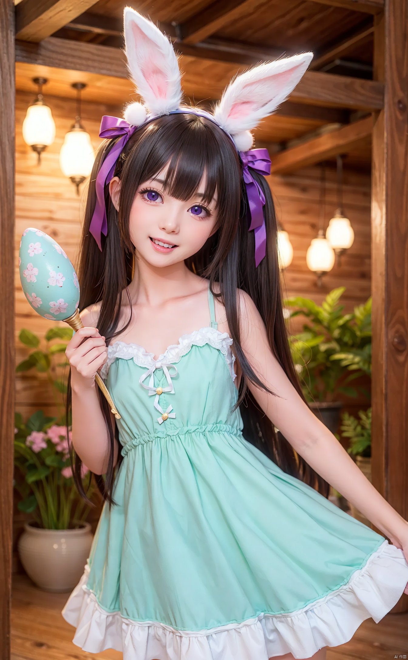 4349,1girl,solo,animal_ears,long_hair,rabbit_ears,animal,open_mouth,smile,holding,dress,holding_animal,two_side_up,very_long_hair,ribbon,hair_ribbon,:d,looking_at_viewer,blush,easter_egg,rabbit,purple_eyes,bangs,fake_animal_ears,collarbone,hair_between_eyes,green_dress,head_tilt,cowboy shot,very long hair,