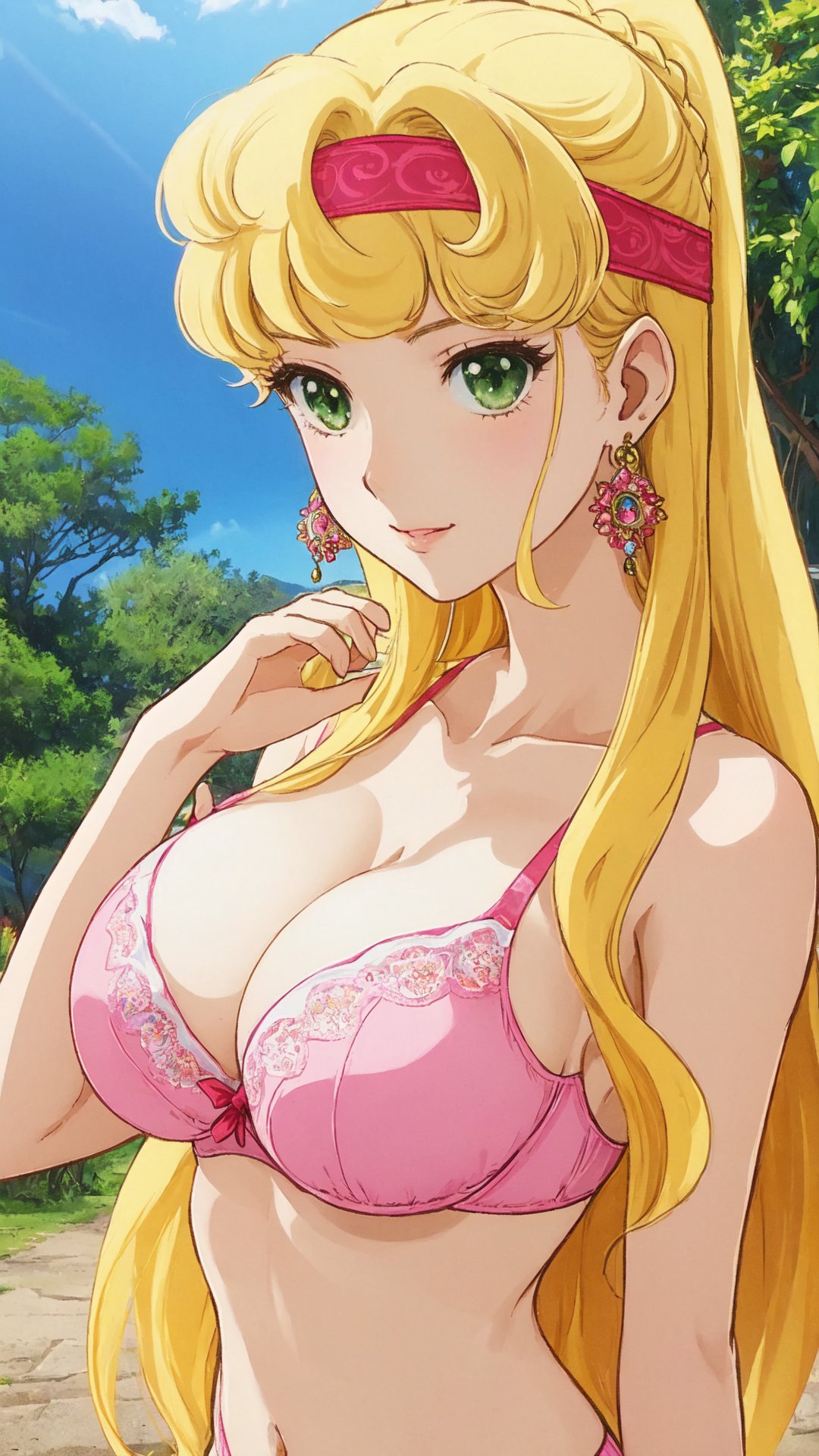 ピグマリオ, 精霊オリエ, Seirei Orie, blonde hair, long hair, bangs, Headband, green eyes, Big Breast, Cleavage, earrings, jewelry, pink underwear, 


