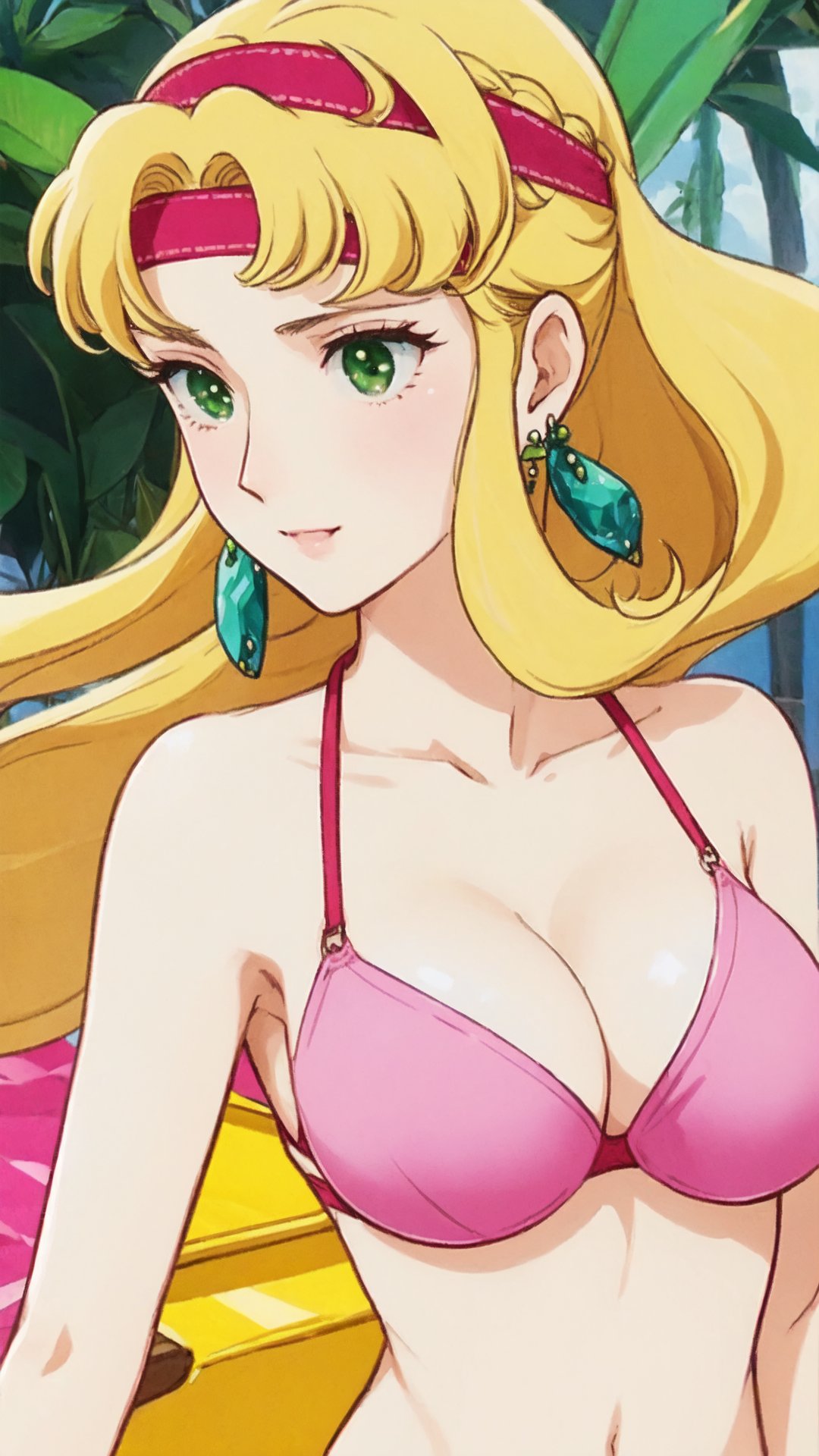 ピグマリオ, 精霊オリエ, Seirei Orie, blonde hair, long hair, bangs, Headband, green eyes, Big Breast, Cleavage, earrings, jewelry, pink bikini, 


