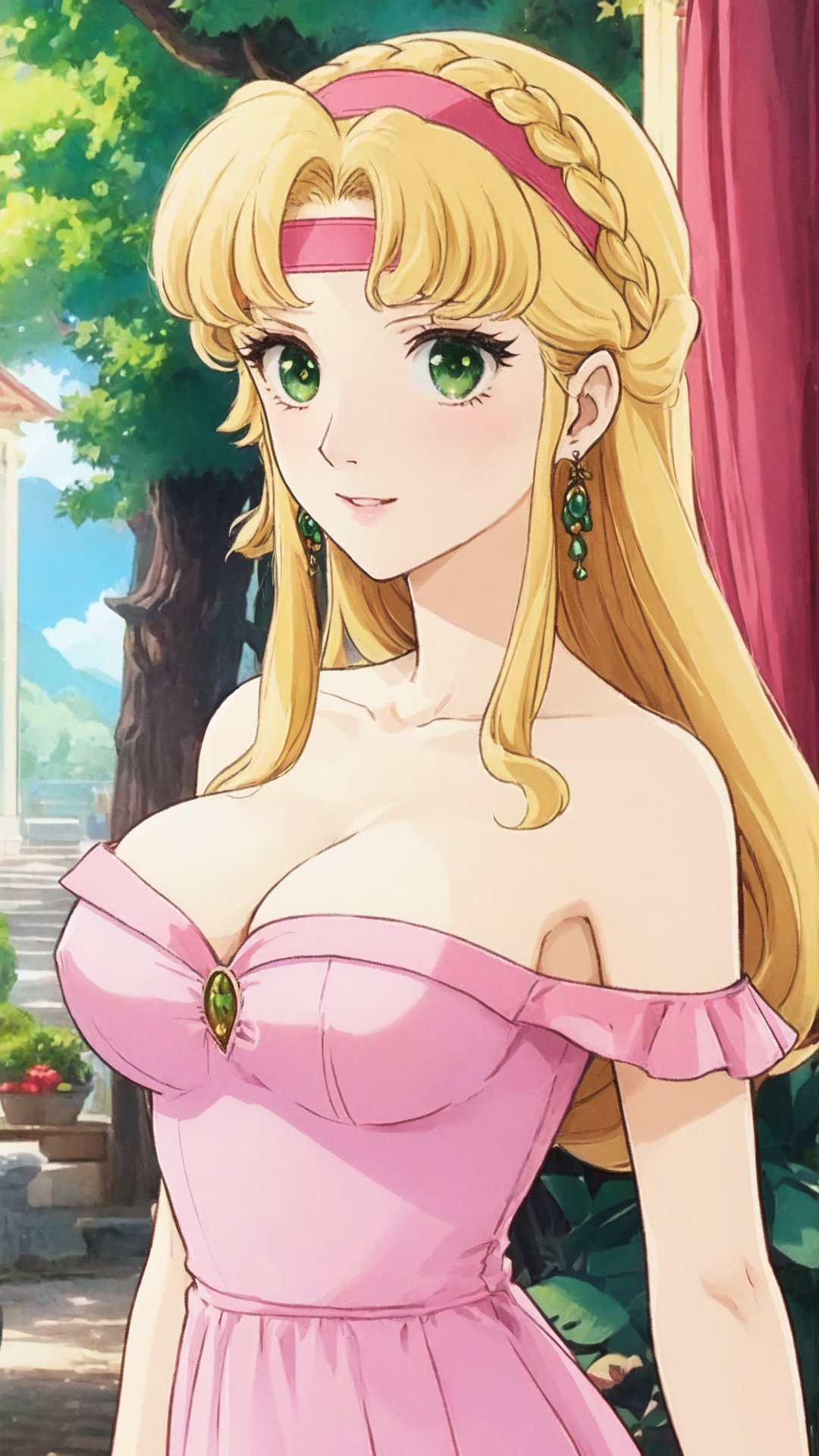 ピグマリオ, 精霊オリエ, Seirei Orie, blonde hair, long hair, bangs, Headband, green eyes, Big Breast, Cleavage, earrings, jewelry, pink dress, Off Shoulder Low-Cut pink Dress,


