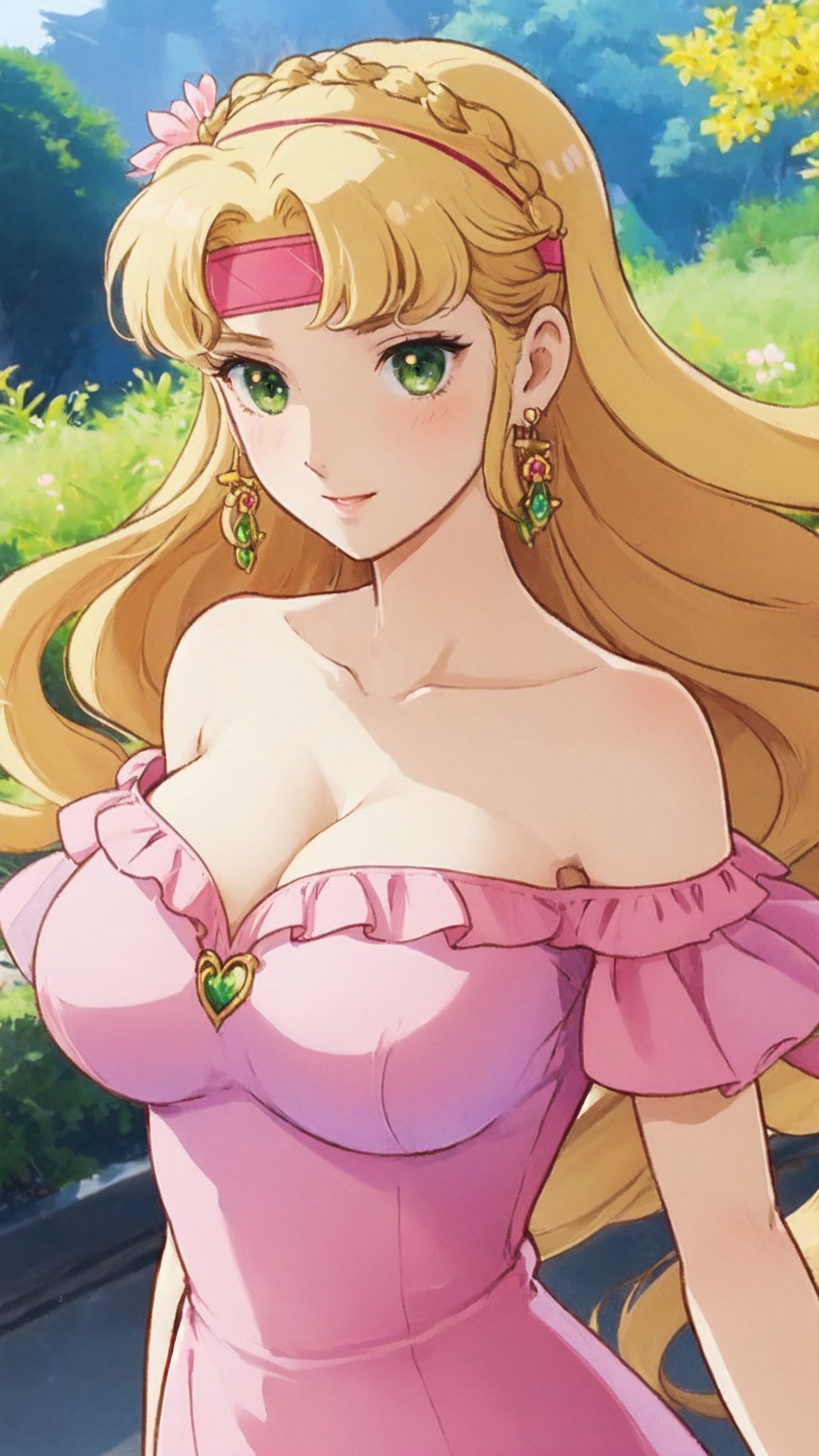 ピグマリオ, 精霊オリエ, Seirei Orie, blonde hair, long hair, bangs, Headband, green eyes, Big Breast, Cleavage, earrings, jewelry, pink dress, Off Shoulder Low-Cut pink Dress,


