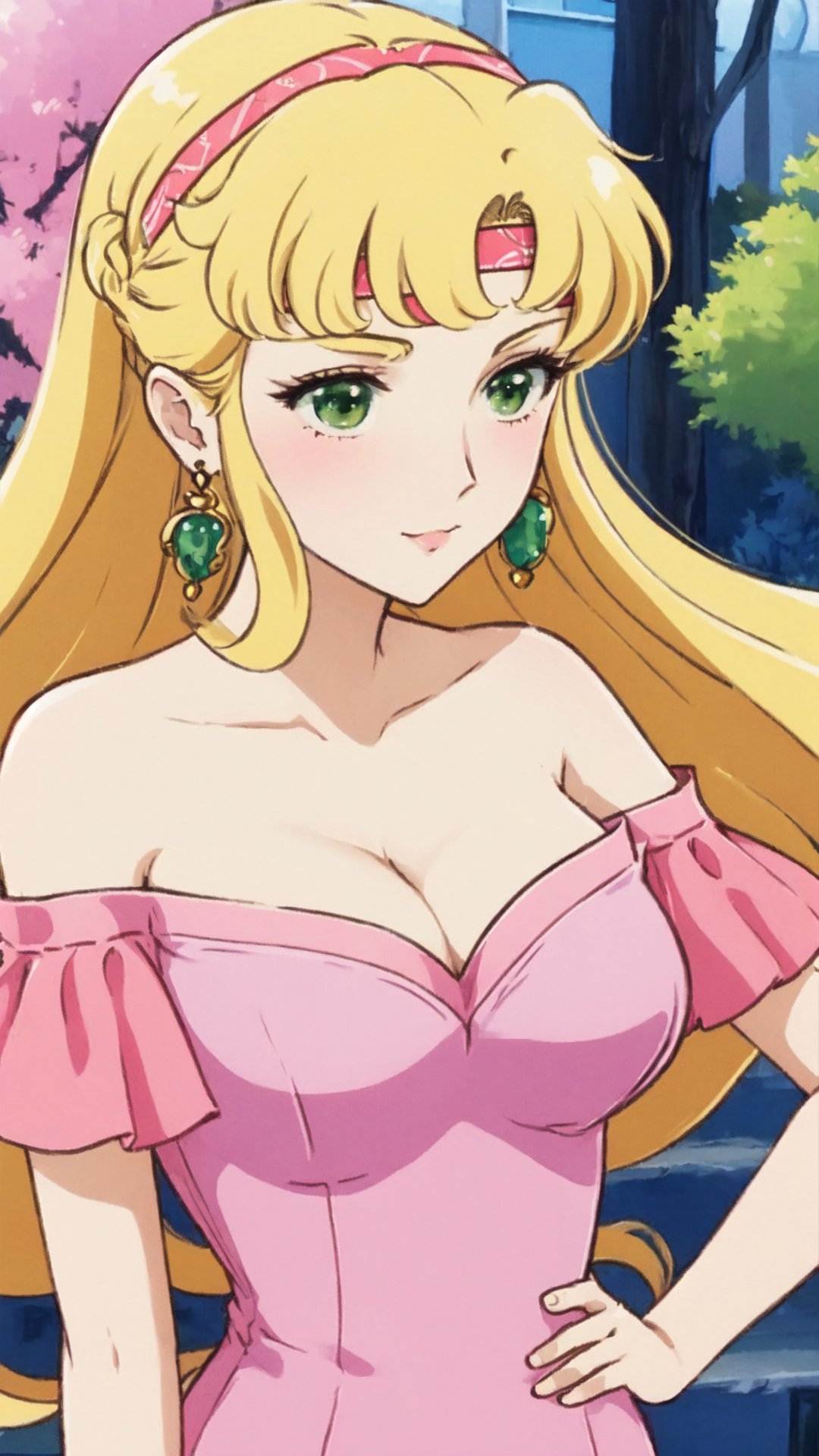 ピグマリオ, 精霊オリエ, Seirei Orie, blonde hair, long hair, bangs, Headband, green eyes, Big Breast, Cleavage, earrings, jewelry, pink dress, Off Shoulder Low-Cut pink Dress,


