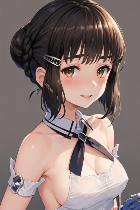 best quality, masterpiece, highres, solo, {myoukou_kantaicollection:1.15}, hair_ornament, brown_eyes, hairclip, black_hair, hair_bun, single_hair_bun, short_hair, breasts, braid, blush, braided_bun, brown_hair, 1girl, gloves, looking_at_viewer, white_gloves, open_mouth, smile, upper_body