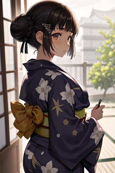 best quality, masterpiece, highres, solo, {yukata:1.40}, {kimono:1.20}, {myoukou_kantaicollection:1.15}, hair_ornament, brown_eyes, hairclip, black_hair, hair_bun, single_hair_bun, short_hair, breasts, braid, blush, braided_bun, brown_hair