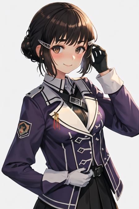 best quality, masterpiece, highres, solo, {myoukou_kantaicollection:1.15}, hair_ornament, brown_eyes, hairclip, black_hair, hair_bun, single_hair_bun, short_hair, breasts, braid, blush, braided_bun, brown_hair, 1girl, military, uniform, jacket, looking_at_viewer, military_uniform, simple_background, white_background, upper_body, purple_jacket, smile, shirt, long_sleeves