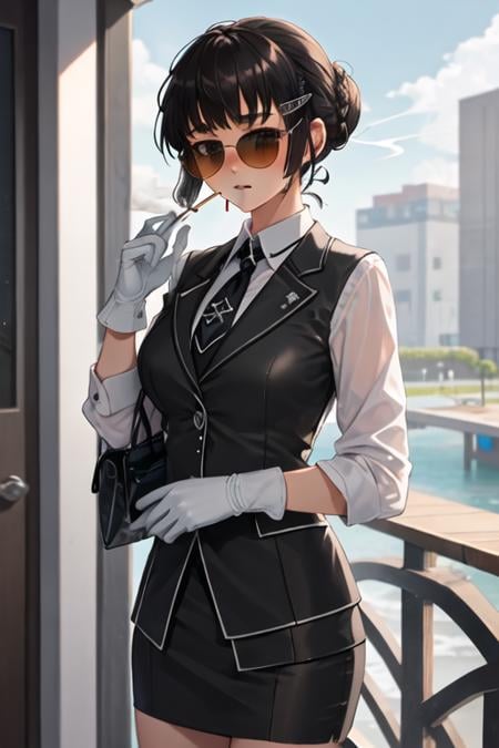 best quality, masterpiece, highres, solo, {black business suit:1.40}, {tie:1.20}, {sunglasses:1.25}, {white gloves:1.15}, {white shirt:1.10}, {black skirt:1.15}, {smoking:1.20}, handsome, {myoukou_kantaicollection:1.15}, hair_ornament, brown_eyes, hairclip, black_hair, hair_bun, single_hair_bun, short_hair, breasts, braid, blush, braided_bun, brown_hair