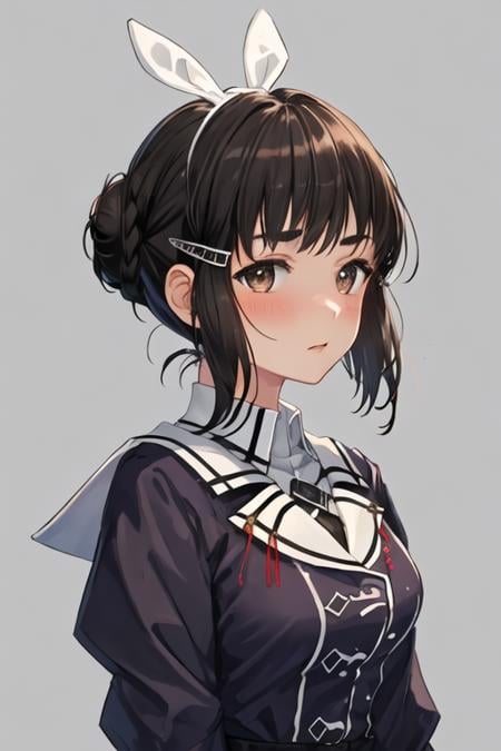 best quality, masterpiece, highres, solo, {myoukou_kantaicollection:1.15}, hair_ornament, brown_eyes, hairclip, black_hair, hair_bun, single_hair_bun, short_hair, breasts, braid, blush, braided_bun, brown_hair