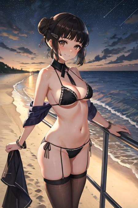 best quality, masterpiece, highres, solo, {night:1.10}, {starry sky:1.10}, beach, beautiful detailed sky, {extremely detailed background:1.20}, {myoukou_kantaicollection:1.15}, {standing:1.10}, looking at viewer, {bikini:1.30}, hair_ornament, brown_eyes, hairclip, black_hair, hair_bun, single_hair_bun, short_hair, breasts, braid, blush, braided_bun, brown_hair, light smile