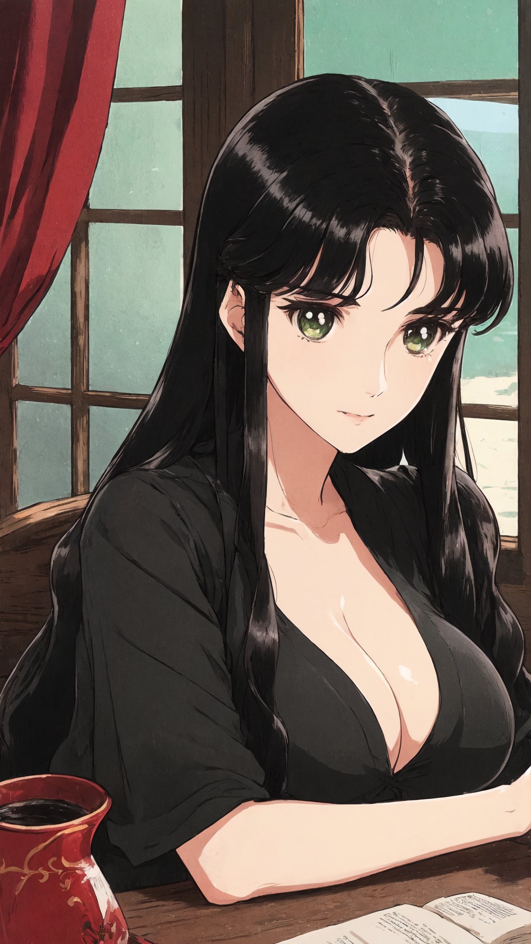 ピグマリオ, オリエ, Young Orie, black hair, long hair, bangs, green eyes, Big Breast, Cleavage,