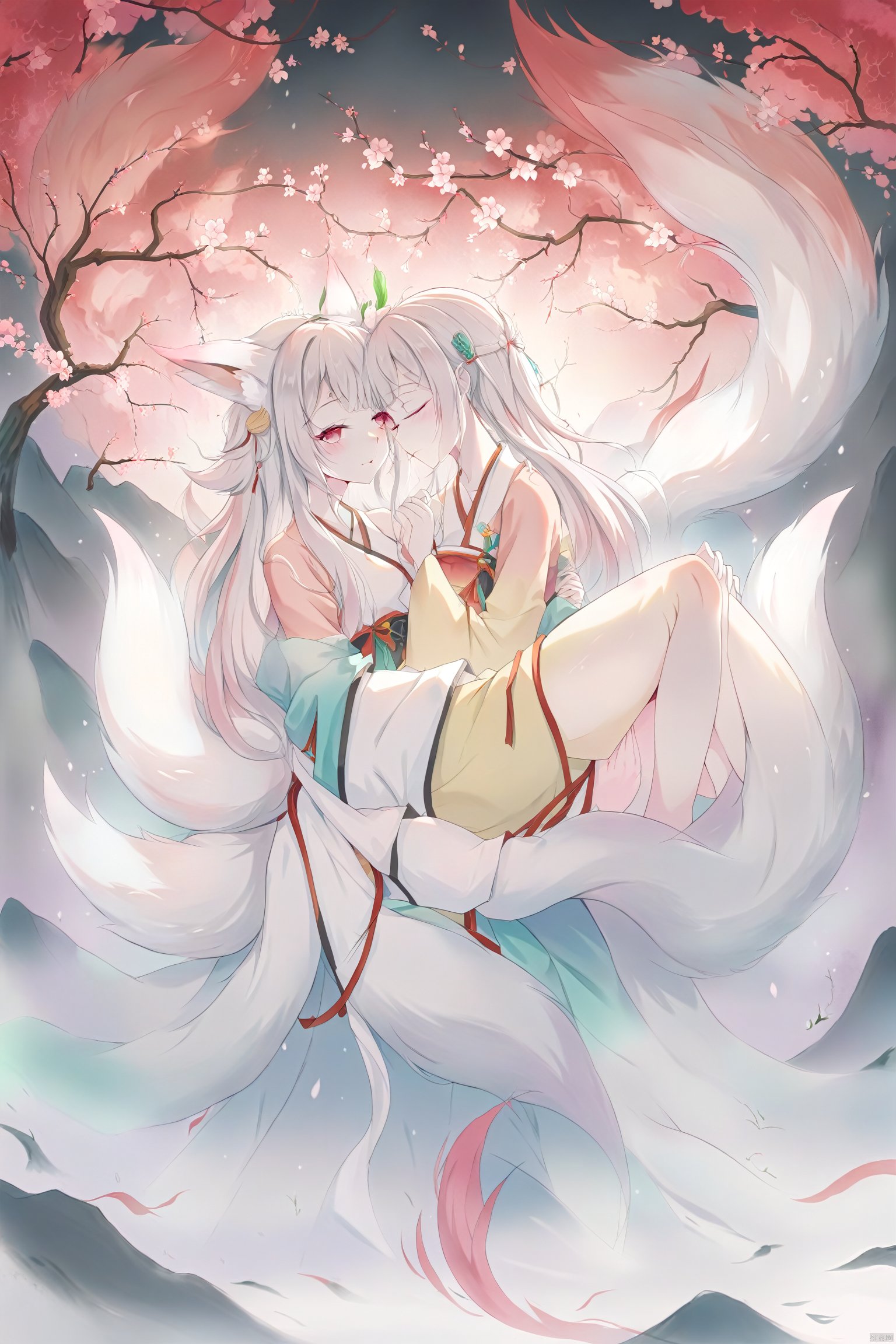  Fox, Chinese Classic of Mountains and Seas, Chinese mythology, Chinese style, a girl with flowing hair, nestled in the arms of the fox, peach blossom forest, colorful clouds in the sky, girl and fox lying under the peach tree, girl nestled in the arms of thefox, (\shuang hua\), hxzh, Anime style