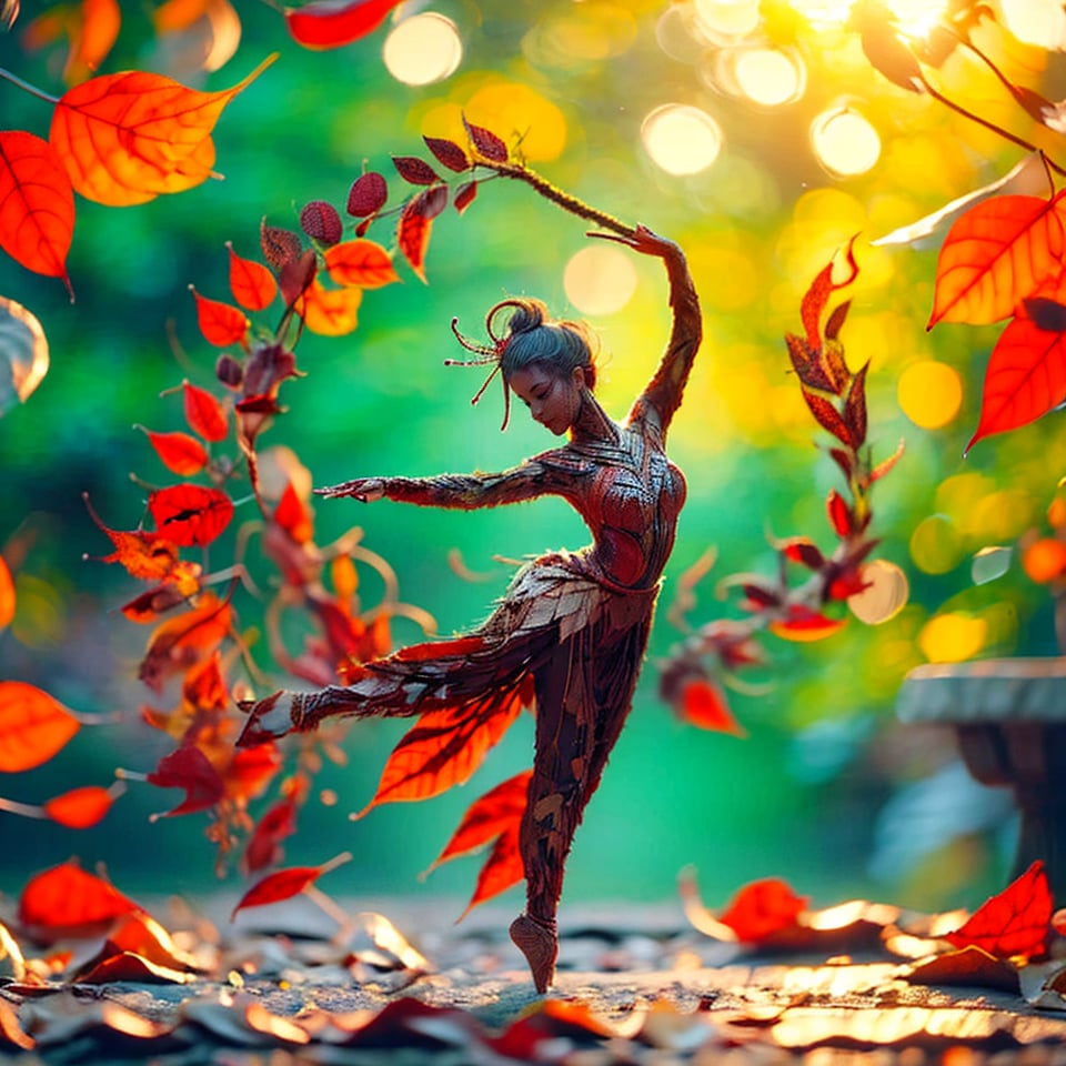 1girl, solo, long hair, in beautiful latin dancing pose, she is made by red  leaves , long tail, fan behind her ,  
fall_leaves background , sunset 
