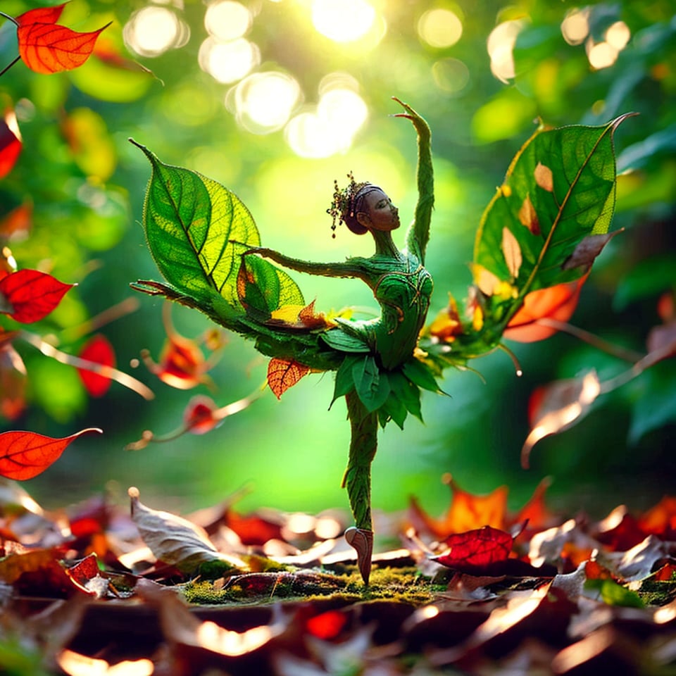 1girl, solo, long hair, in beautiful ballet dancing pose, she is made by green and yellow  leaves , long tail, fan behind her ,  
fall_leaves background , sunset 
