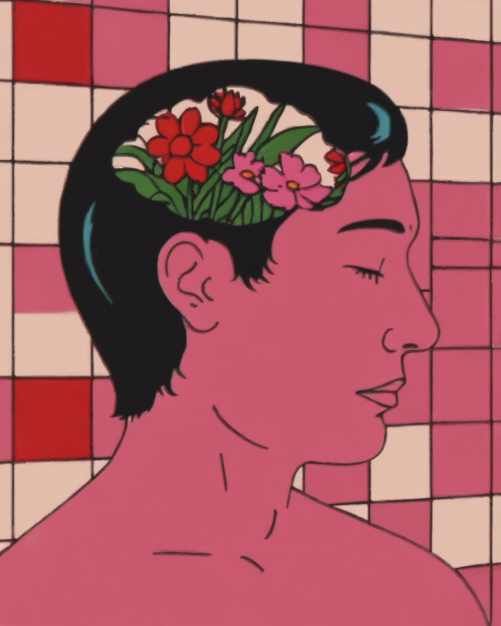 a man with a flower in his head , 1girl, solo, short hair, black hair, closed eyes, flower, parted lips, profile, shadow, colored skin, portrait, tiles, red skin, tile wall, pink skin <lora:Wake_Up_sdxl:0.85> 