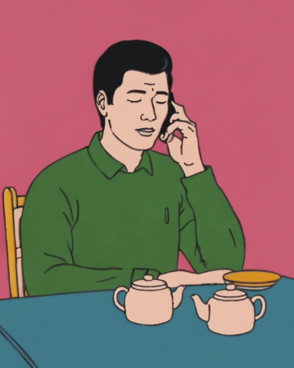 a man is talking on a cell phone , solo, simple background, black hair, long sleeves, 1boy, holding, closed eyes, male focus, from behind, cup, phone, table, pink background, cellphone, teacup, teapot, flat color <lora:Wake_Up_sdxl:0.85> 