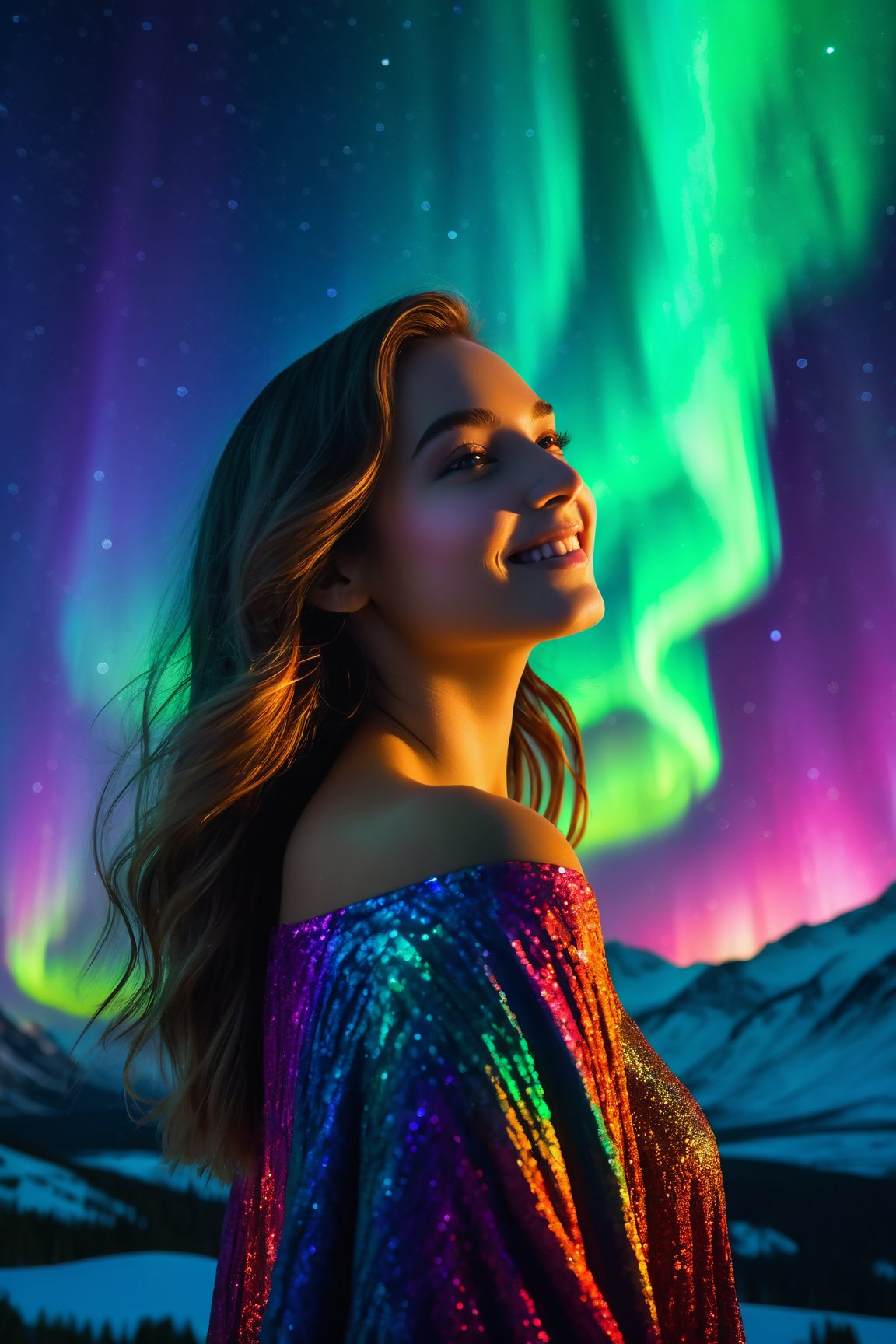 (best quality, 8K, highres, masterpiece), ultra-detailed, (super colorful, vibrant), enchanting image of a beautiful girl with a shoulder-length angled blunt-ends hairstyle. Her smile radiates warmth and positivity without any hint of arrogance. She stands gracefully under the mesmerizing glow of the aurora borealis in a vibrant night scene. The surrounding atmosphere is filled with a kaleidoscope of colors, creating a vibrant and ethereal dance of light. The girl embodies Nocturnal Grace, exuding Silent Luminescence amidst the Midnight Flutter of colors and the Whispering Silent beauty of the night. Every moment is an Iridescent Encounter with the Moonlit Shadow, celebrating a captivating and colorful display of artistry.