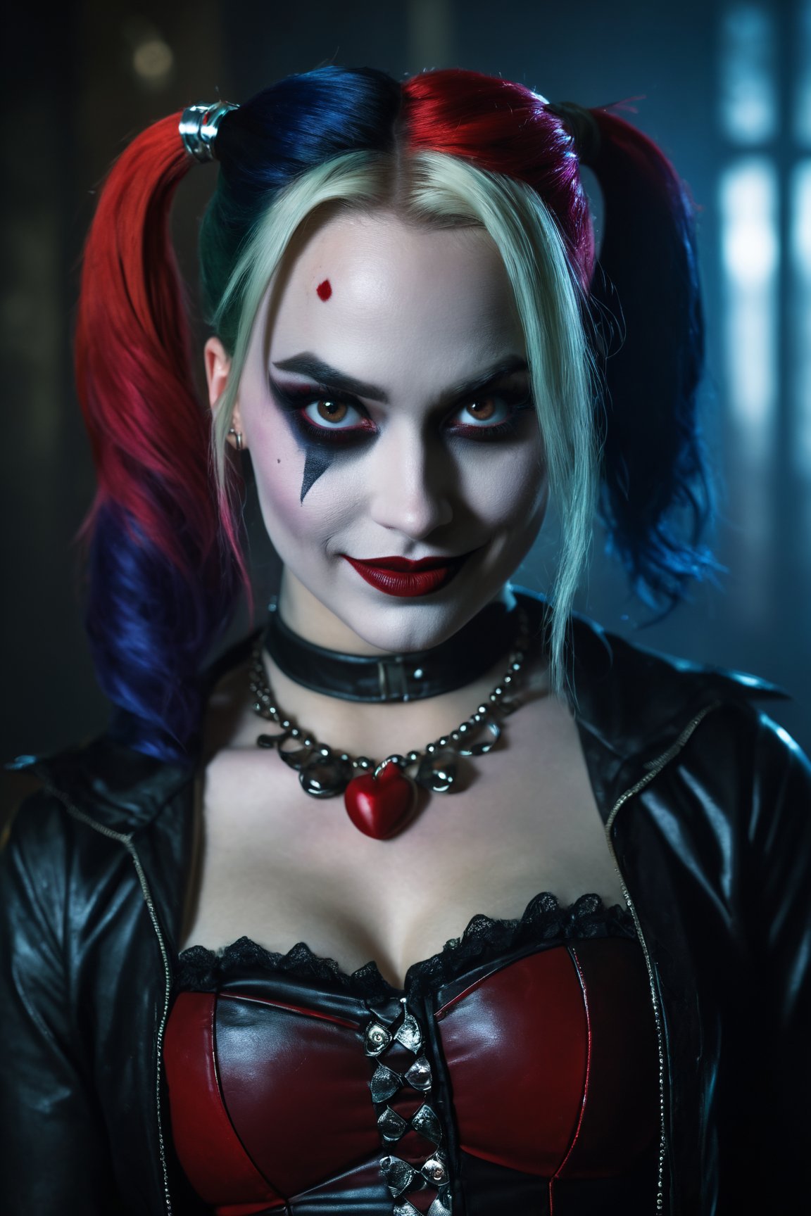 (best quality,4k,8k,highres,masterpiece:1.2),ultra-detailed,(realistic,photorealistic,photo-realistic:1.37),dark evil style,Harley Quinn,fantasy,creepy look,creepy smile,portrait,gloomy atmosphere,distorted make-up,dark clothing,menacing eyes,smudged lipstick,gothic setting,ominous lighting,gritty details,sinister expression,shadowy background,hauntingly beautiful features,macabre vibe,unsettling charm,ominous color palette,sharp contrast,menacing gaze,sinister grin,evil intentions,untamed hair,fiery red and black hair,piercing eyes,vividly dark colors