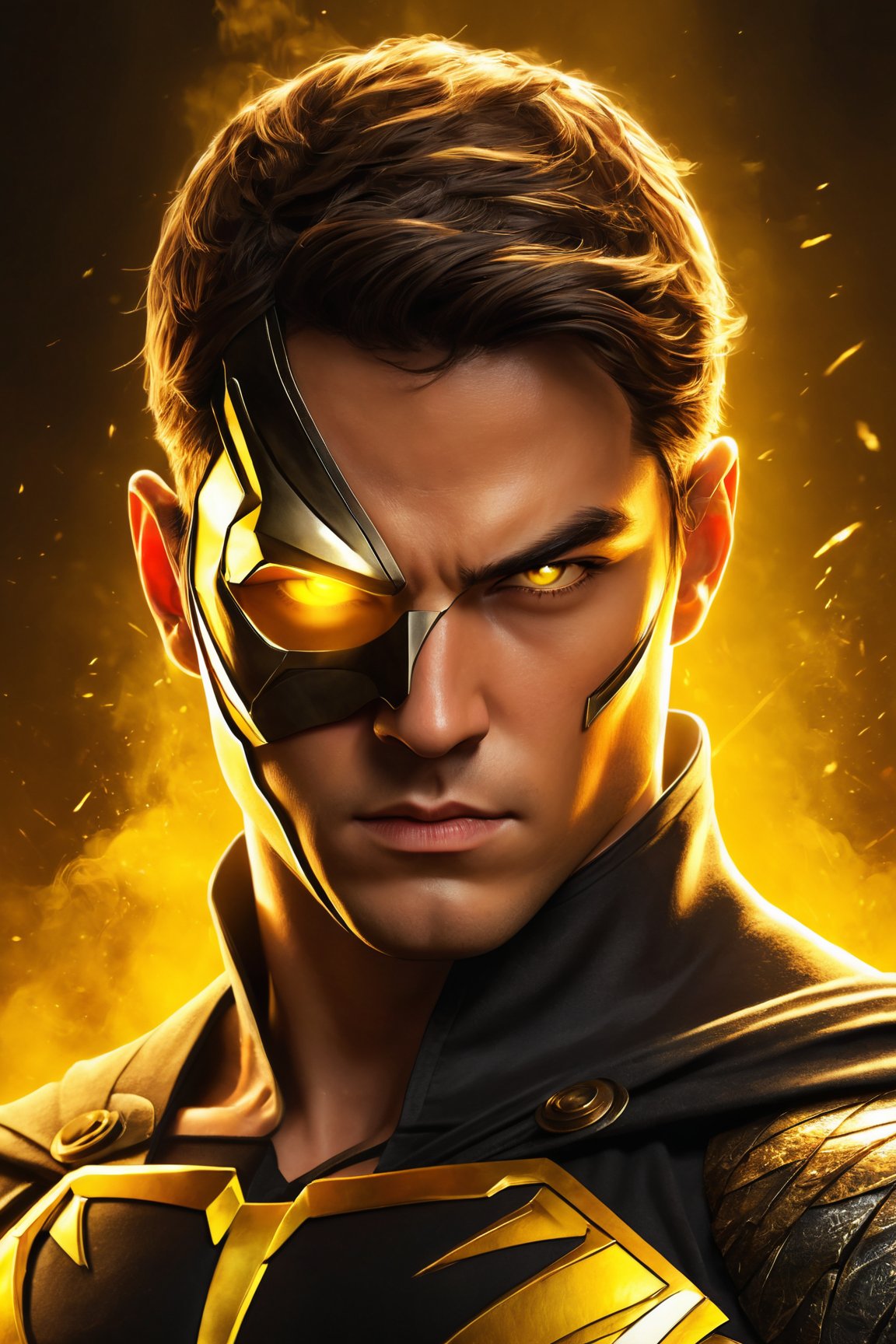 (best quality,8K,highres,masterpiece), ultra-detailed, (solo, male focus) illustration showcasing an upper body portrait of a boy with intense yellow, glowing eyes. The subject is looking directly at the viewer, creating a powerful connection. He's depicted with a muscular build, emphasizing strength and vigor. His appearance is further defined by a hood up over his head and a mask covering his mouth, adding an air of mystery and intrigue. The mask and eyes emit a subtle yet captivating glow, highlighting his unique characteristics. The overall composition combines elements of realism and fantasy, creating a compelling and memorable visual.