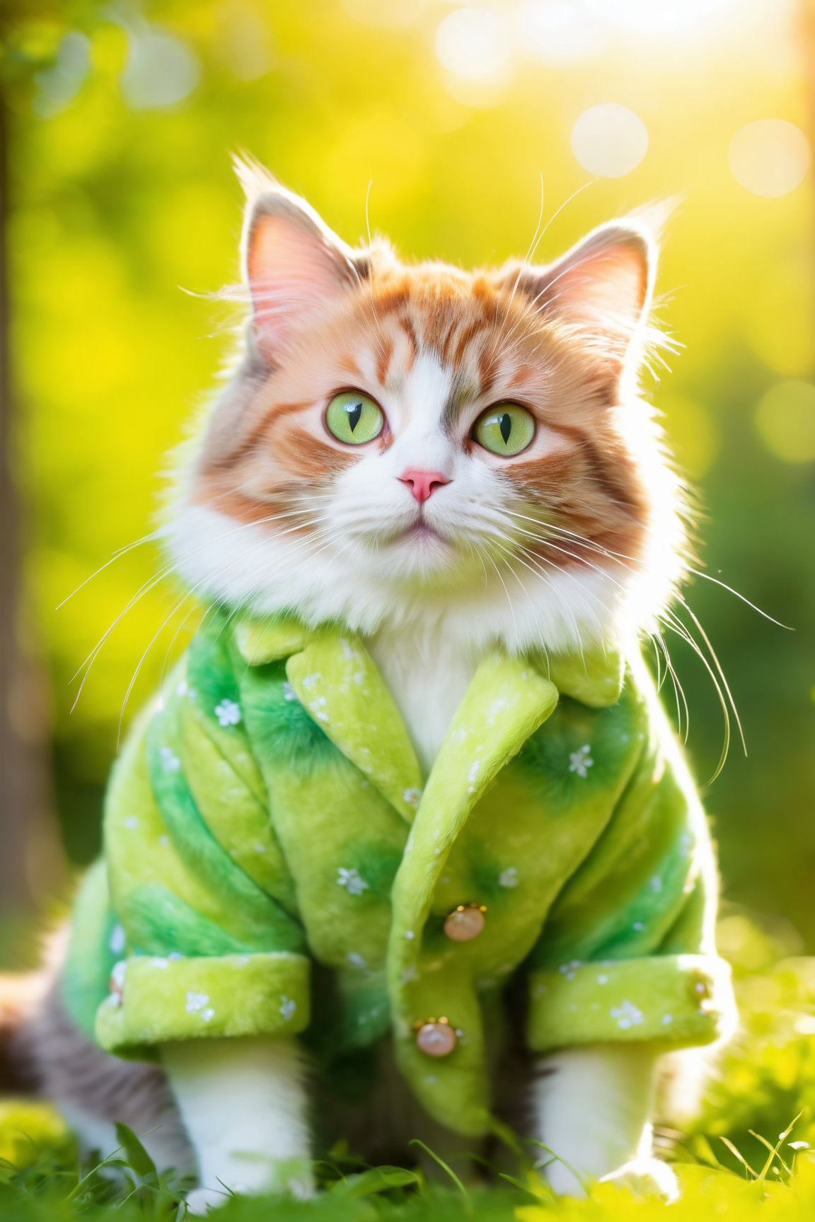 A cute cat,fluffy fur,adorable active eyes,playful paws,cosy sleeping spot,soft whiskers,beautiful patterned coat,bright and expressive eyes,curious and playful nature,smooth and sleek body,graceful and agile movements,[cat toys],[green garden background],[colorful sunlight filtering through the trees],[vibrant and cheerful atmosphere],(best quality,ultra-detailed),[soft lighting],realistic colors, [bokeh]