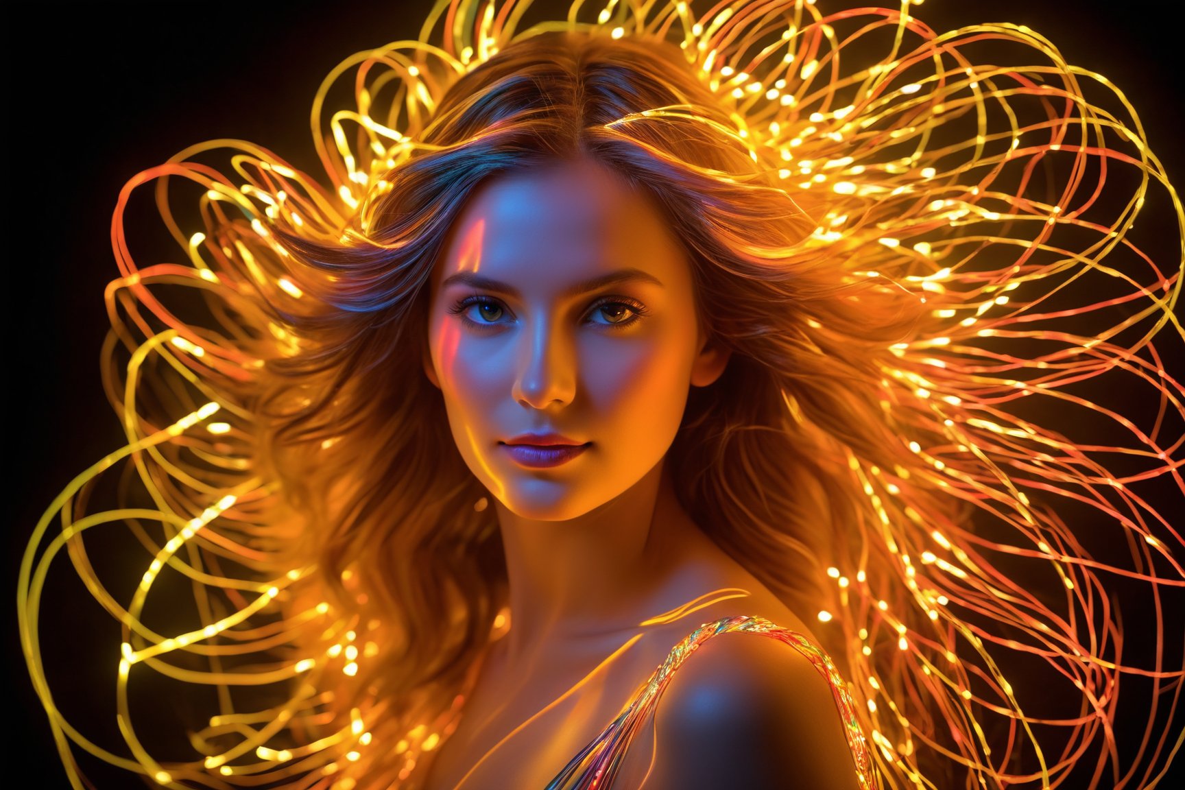 best quality, 4k, 8k, highres, masterpiece:1.2), ultra-detailed, (realistic, photorealistic, photo-realistic:1.37), Luminogram portrait with fiber optic light painting, Light field photography, Light painting, Light tracing, portraits, bokeh, studio lighting, physically-based rendering, vivid colors, sharp focus, reverse vignette, ethereal glow, colorful, delicate details, soft shadows, luminescent strands, subtle highlights, ambient incandescent light, fantastical atmosphere, glowing figures, unconventional light sources, contrasting hues, fiber optic brushstrokes, hypnotic patterns, trail of lights, playful illumination